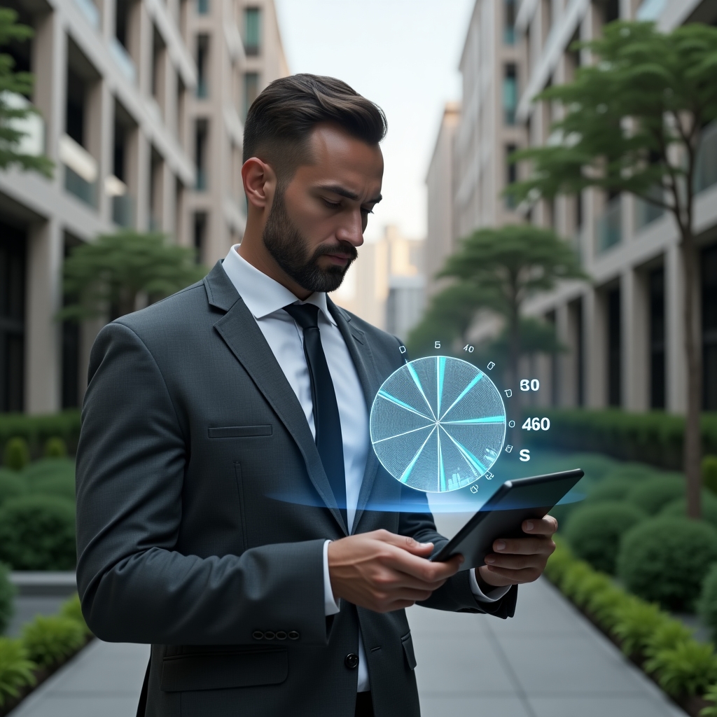 Ultra-realistic condominium manager in a charcoal gray suit, set in a modern luxury condominium environment with high-rise buildings and green landscaping, examining a holographic pie chart representing fraction ideal calculations hovering above a tablet, confident and focused expression, cinematic lighting, shallow depth of field, highly detailed textures, realistic skin, photographic realism, 8k resolution --ar 1:1 --v 6