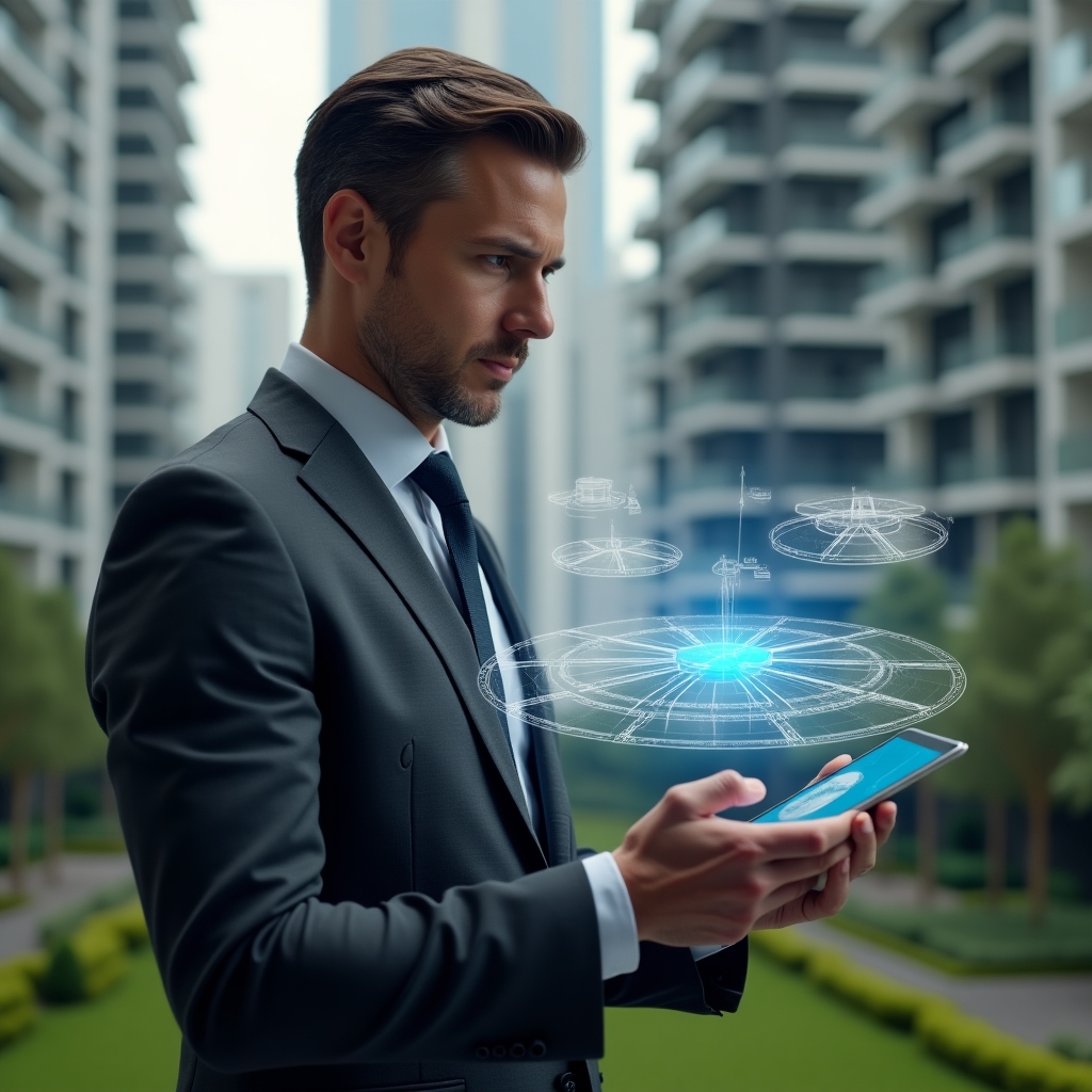 Ultra-realistic condominium manager in a charcoal gray suit, set in a modern luxury condominium environment with high-rise buildings and manicured green landscaping, holding a tablet projecting a holographic pie chart and 3D floor plan to illustrate fractional ownership, analyzing unit shares with a confident, focused expression, cinematic lighting, shallow depth of field, highly detailed textures, realistic skin, photographic realism, 8k resolution --ar 1:1 --v 6