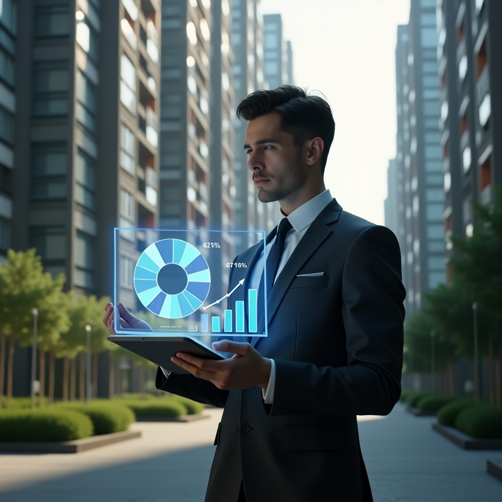 (Ultra-realistic condominium manager in a dark gray suit, set in a modern luxury condominium environment with high-rise buildings and green landscaping, interacting in a medium shot with a holographic 3D pie chart and fractional percentages floating above a tablet, conveying thoughtful confidence, cinematic lighting, shallow depth of field, highly detailed textures, realistic skin, photographic realism, 8k resolution --ar 1:1 --v 6)