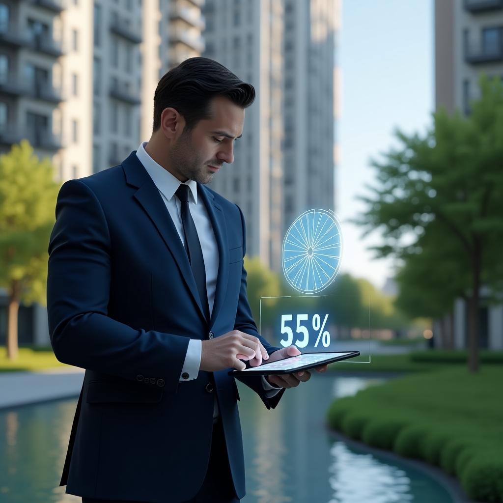 (Ultra-realistic condominium manager in a tailored navy suit, set in a modern luxury condominium environment with high-rise buildings and manicured green landscaping, leaning forward while analyzing a holographic pie chart of fractional ownership, holding a digital tablet displaying precise percentage calculations, confident and focused expression, cinematic lighting, shallow depth of field, highly detailed textures, realistic skin, photographic realism, 8k resolution --ar 1:1 --v 6)