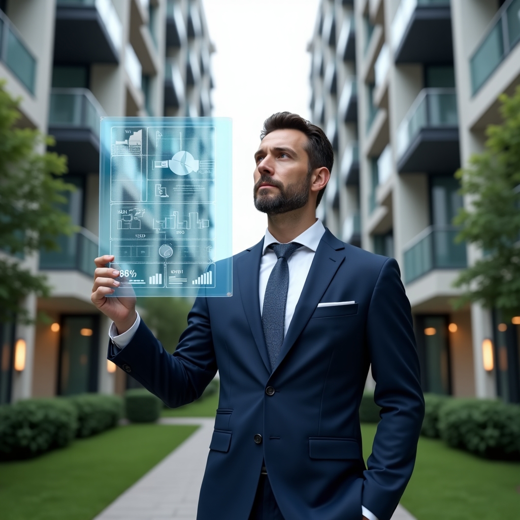 (Ultra-realistic condominium manager in a tailored navy blue suit, set in a modern luxury condominium environment with high-rise buildings and manicured green landscaping, analyzing a transparent holographic panel displaying floor plans and percentage overlays, thoughtful expression, floating pie chart and numeric data icons symbolizing fraction ideal calculations, cinematic lighting, shallow depth of field, highly detailed textures, realistic skin, photographic realism, 8k resolution --ar 1:1 --v 6)