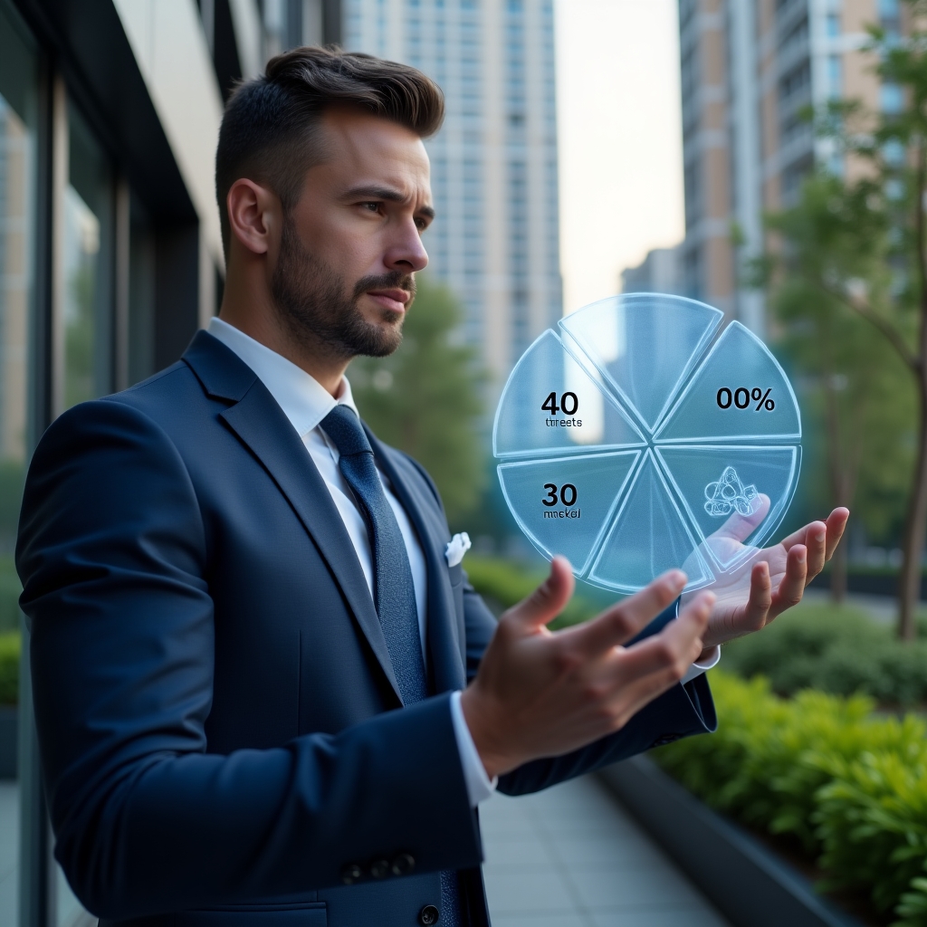 (Ultra-realistic condominium manager in a tailored navy blue suit, set in a modern luxury condominium environment with high-rise buildings and lush green landscaping, medium close-up, confidently analyzing a floating holographic pie chart representing ideal fraction calculations with glowing percentage icons and budget symbols, cinematic lighting, shallow depth of field, highly detailed textures, realistic skin, photographic realism, 8k resolution --ar 1:1 --v 6)