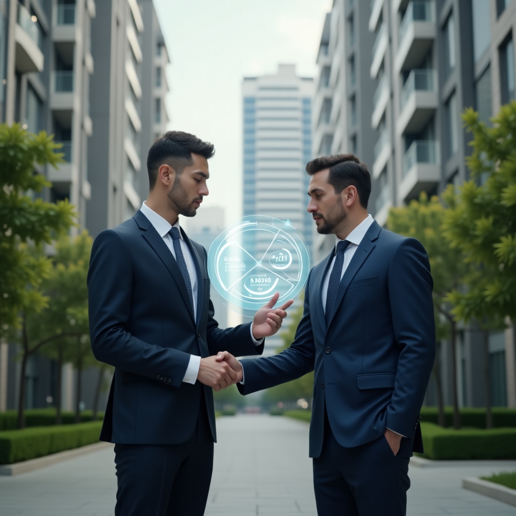 Ultra-realistic condominium manager in a tailored navy suit, set in a modern luxury condominium environment with high-rise buildings and manicured green gardens, standing in a medium close-up pose, focused and analytical, gesturing towards a transparent holographic pie chart and floor plan overlay illustrating fractional ideal calculations, cinematic lighting, shallow depth of field, highly detailed textures, realistic skin, photographic realism, 8k resolution --ar 1:1 --v 6