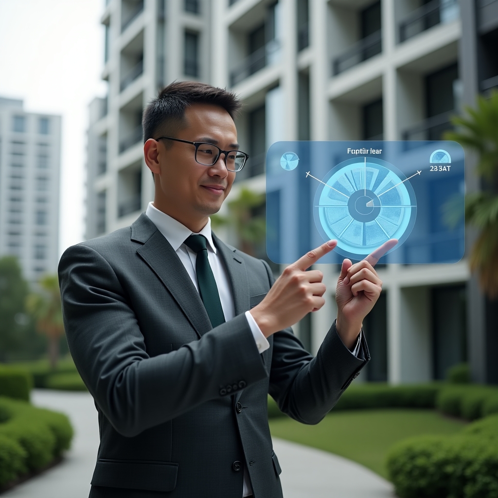 Ultra-realistic condominium manager in a charcoal gray tailored suit, set in a modern luxury condominium environment with high-rise buildings and manicured green landscaping, pointing at a holographic pie chart illustrating fraction ideal calculations, confident and analytical expression, cinematic lighting, shallow depth of field, highly detailed textures, realistic skin, photographic realism, 8k resolution --ar 1:1 --v 6