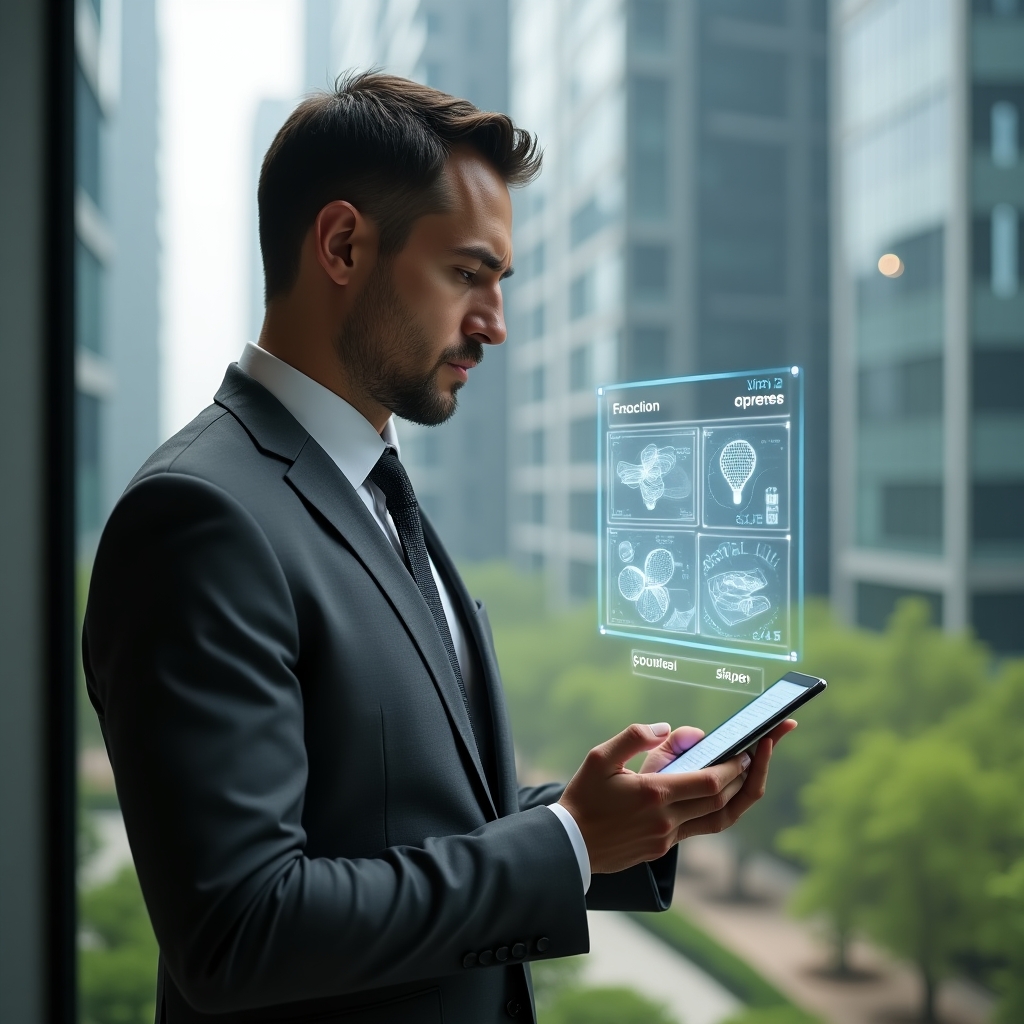 (Ultra-realistic condominium manager in a charcoal gray slim-fit suit, set in a modern luxury condominium environment with towering glass facades and lush green landscaping, mid shot of the professional examining a floating holographic chart of fractional ideal values above a digital tablet, surrounded by translucent floorplan icons and numeric overlays representing expense allocation, thoughtful and confident expression, cinematic lighting, shallow depth of field, highly detailed textures, realistic skin, photographic realism, 8k resolution --ar 1:1 --v 6)