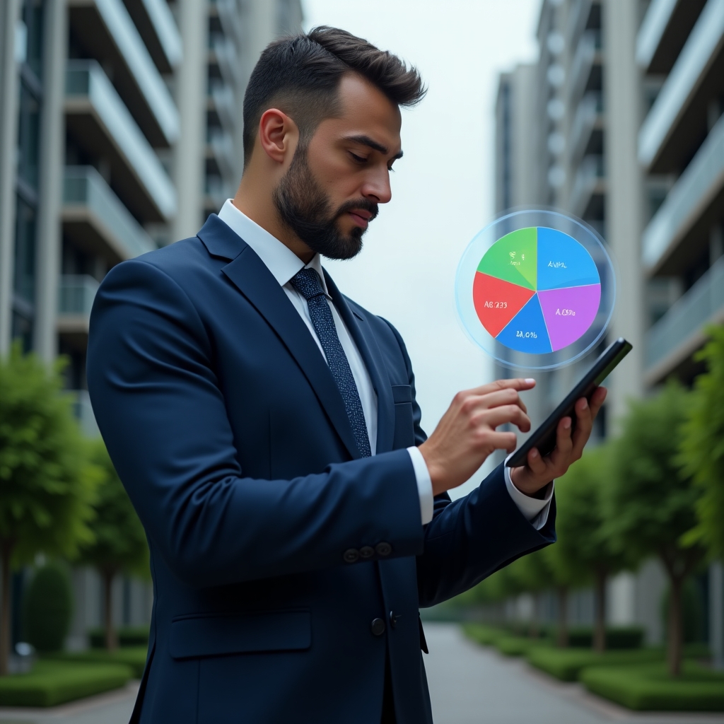 (Ultra-realistic condominium manager in a navy blue suit, medium shot, set in a modern luxury condominium environment with high-rise buildings and well-manicured green landscaping, analyzing a holographic pie chart of fractional shares projected above a tablet, with a thoughtful and confident expression, cinematic lighting, shallow depth of field, highly detailed textures, realistic skin, photographic realism, 8k resolution --ar 1:1 --v 6)