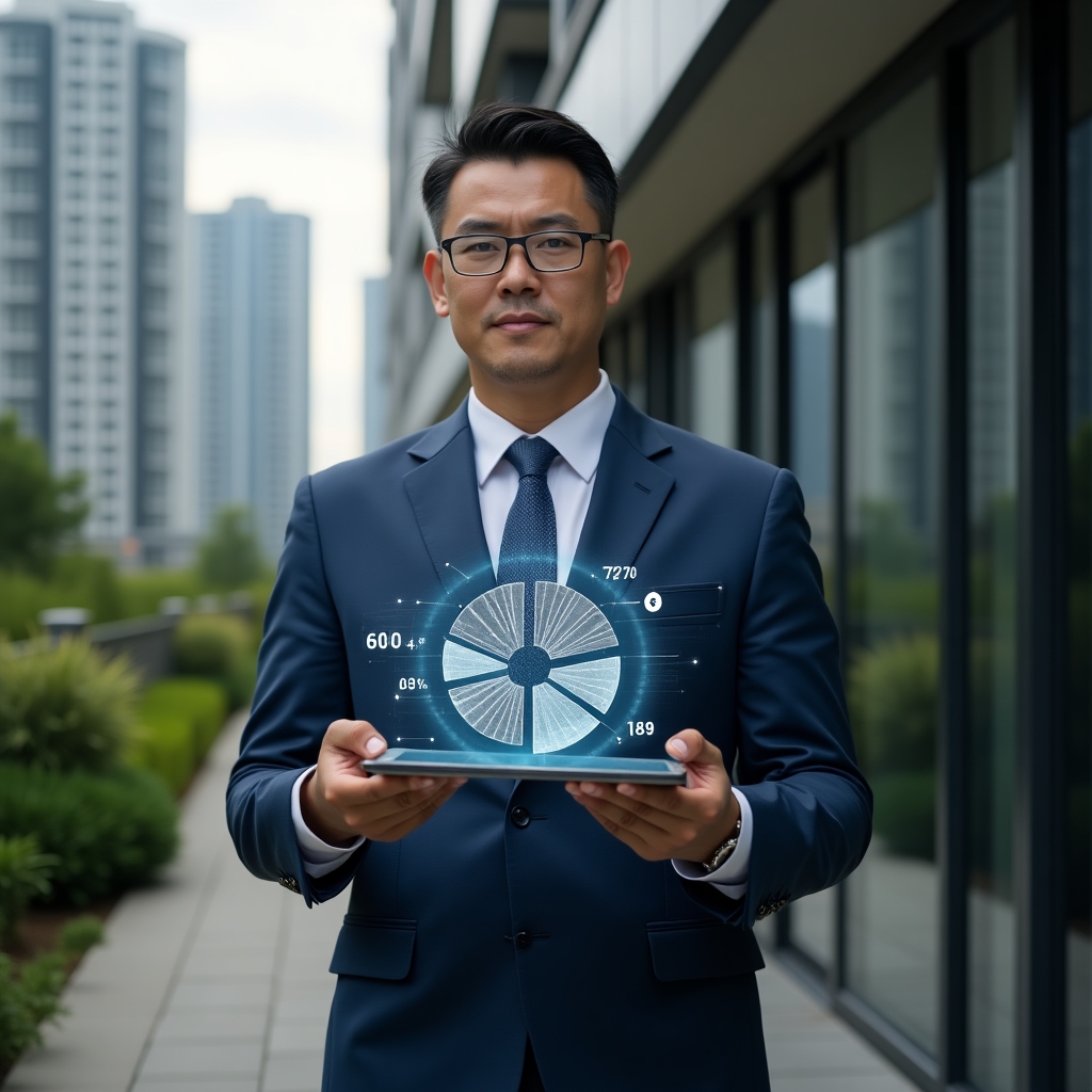 Ultra-realistic condominium manager in a navy blue tailored suit, set in a modern luxury condominium environment with high-rise buildings and lush green landscaping, holding a transparent tablet displaying a 3D pie chart symbolizing ideal fraction distribution with floating holographic numbers, confident and thoughtful expression, cinematic lighting, shallow depth of field, highly detailed textures, realistic skin, photographic realism, 8k resolution --ar 1:1 --v 6