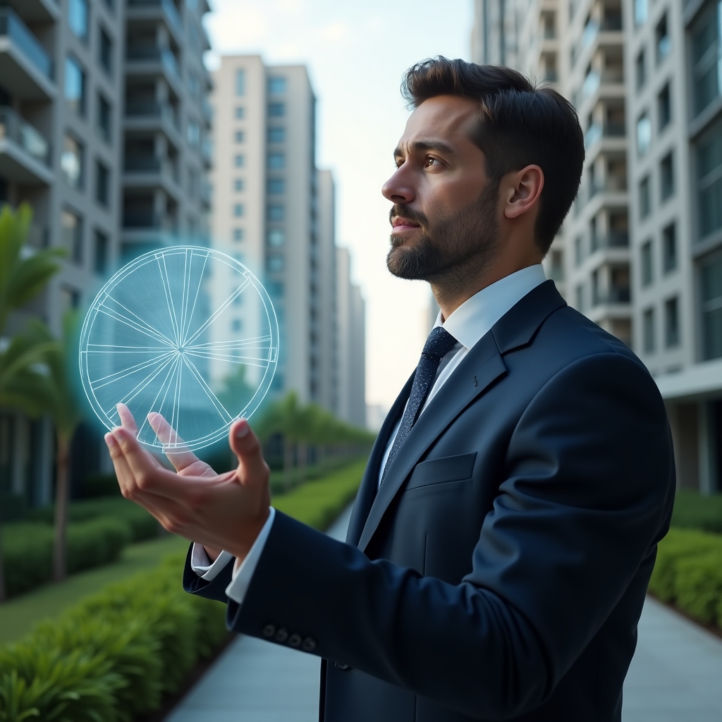 Ultra-realistic condominium manager in a navy suit, set in a modern luxury condominium environment with high-rise buildings and green landscaping, medium shot, reviewing a floating holographic pie chart representing ideal fraction expense allocation, confident and thoughtful expression, cinematic lighting, shallow depth of field, highly detailed textures, realistic skin, photographic realism, 8k resolution --ar 1:1 --v 6