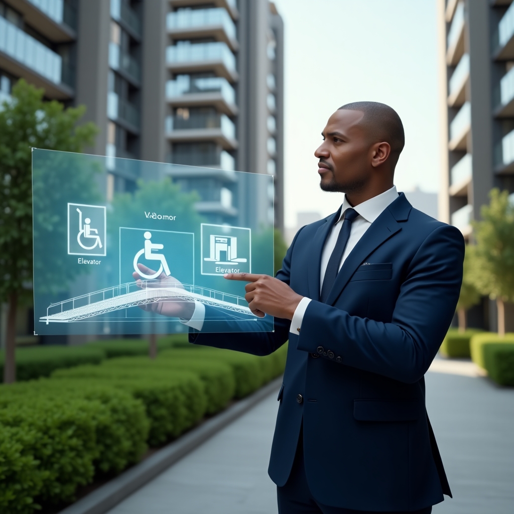 (Ultra-realistic condominium manager in a navy executive suit, set in a modern luxury condominium environment with high-rise buildings and lush green landscaping, medium shot close-up of the manager thoughtfully pointing at a holographic 3D ramp and elevator accessibility plan featuring wheelchair and braille icons, welcoming and inclusive mood, cinematic lighting, shallow depth of field, highly detailed textures, realistic skin, photographic realism, 8k resolution --ar 1:1 --v 6)