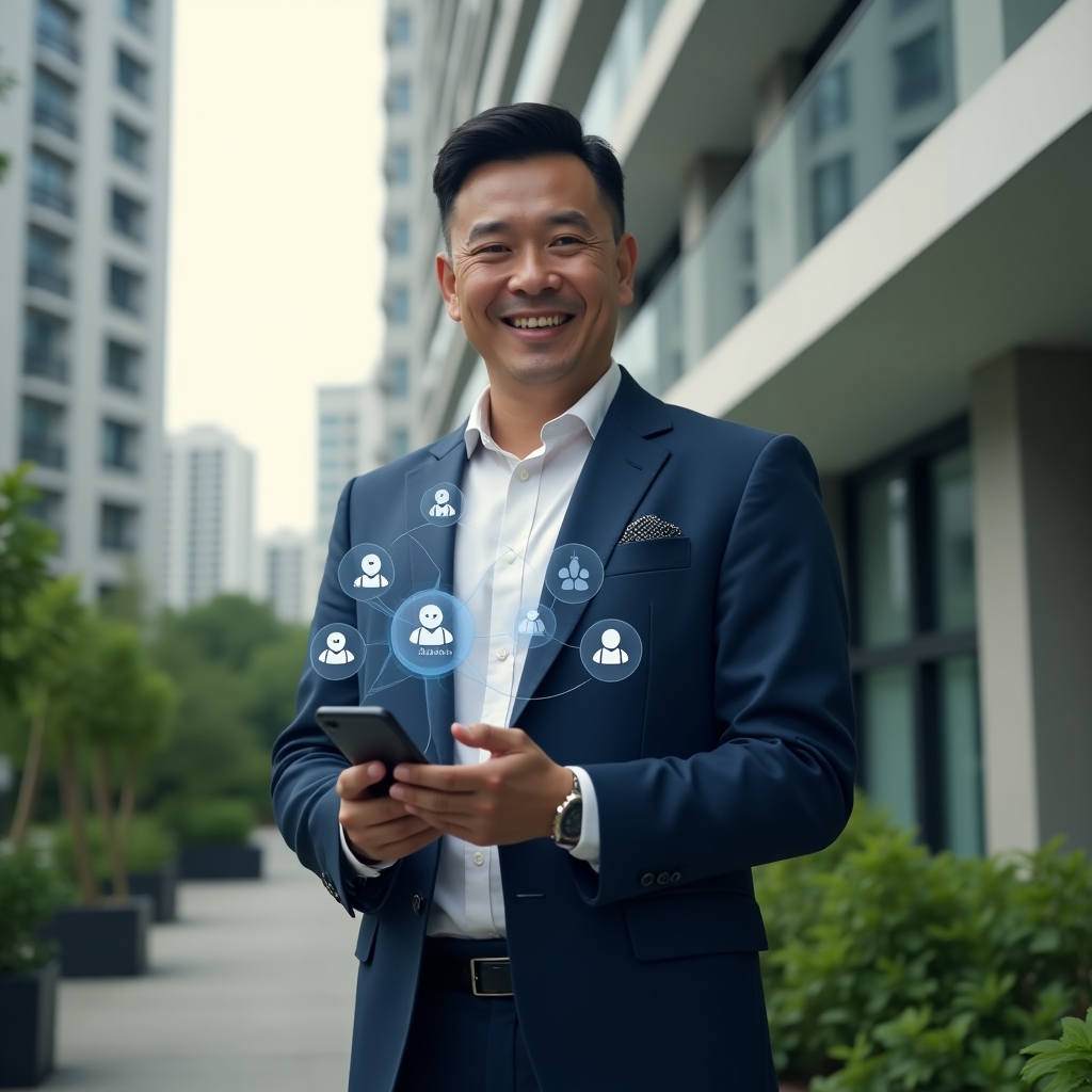 Ultra-realistic condominium manager in a tailored navy blue suit, set in a modern luxury condominium environment with high-rise buildings and lush green landscaping, medium shot, holding a smartphone with floating holographic communication icons and community rules, confidently smiling as if guiding residents toward harmony, cinematic lighting, shallow depth of field, highly detailed textures, realistic skin, photographic realism, 8k resolution --ar 1:1 --v 6