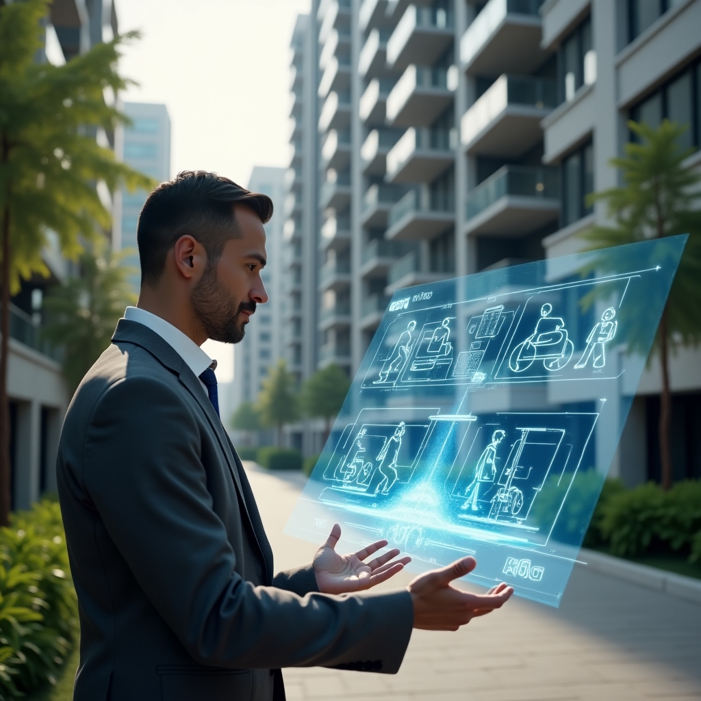 Ultra-realistic condo manager in a charcoal gray suit, set in a modern luxury condominium environment with high-rise buildings and lush green landscaping, confidently reviewing a holographic blueprint of accessible ramps and elevators, holographic accessibility icons (wheelchair, tactile paving, braille signs) floating around, inspiring and focused expression, cinematic lighting, shallow depth of field, highly detailed textures, realistic skin, photographic realism, 8k resolution --ar 1:1 --v 6