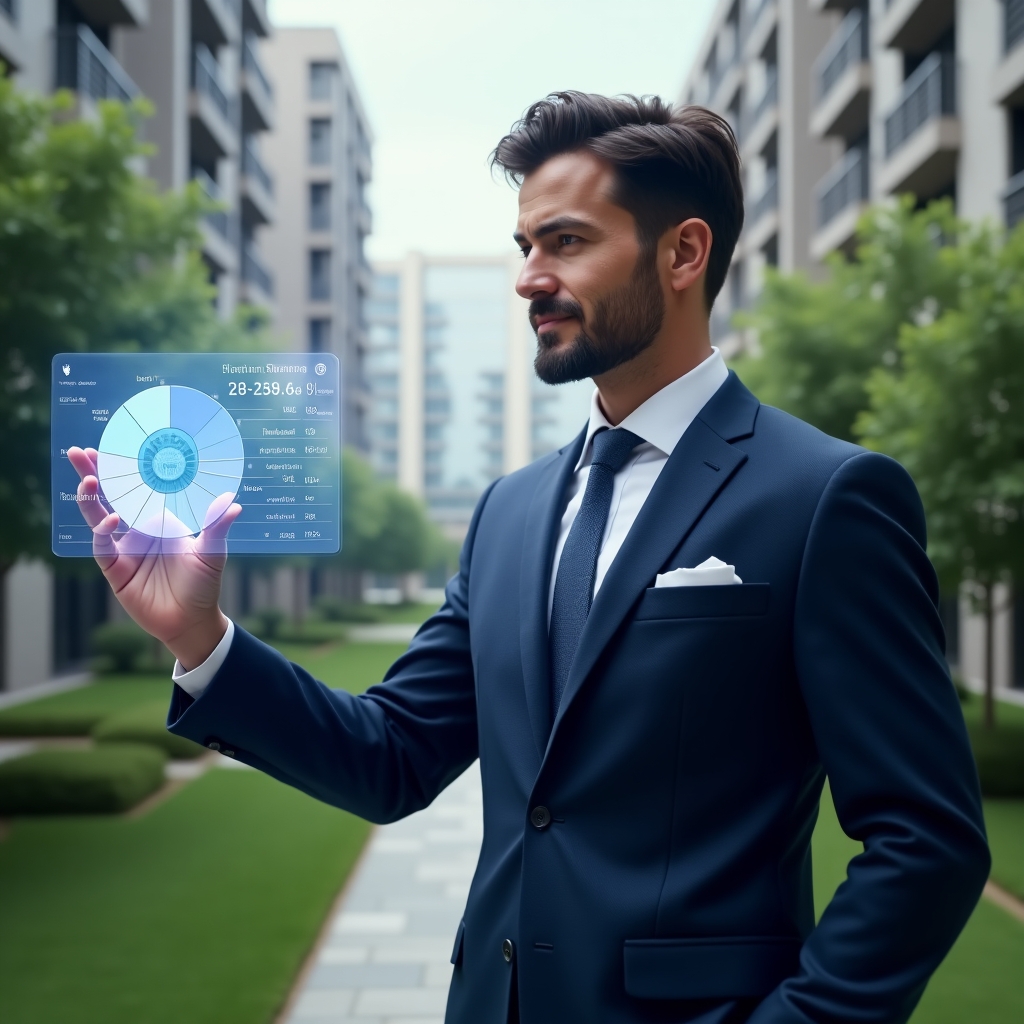 (Ultra-realistic condominium manager in a navy blue suit, set in a modern luxury condominium environment with high-rise buildings and lush green landscaping, close-up mid shot of the manager interacting with a holographic pie chart and floor-plan overlay illustrating ideal fraction calculations, confident and analytical expression, cinematic lighting, shallow depth of field, highly detailed textures, realistic skin, photographic realism, 8k resolution --ar 1:1 --v 6)