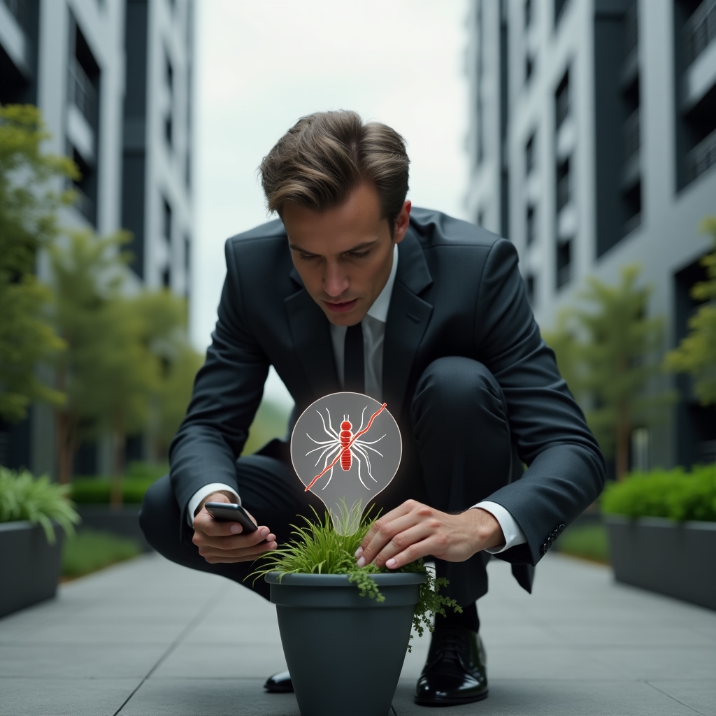 Ultra-realistic condominium manager in a dark gray tailored suit, set in a modern luxury condominium environment with high-rise buildings and lush green landscaping, crouching to inspect a flower pot saucer while holding a smartphone projecting a holographic Aedes aegypti mosquito icon crossed out, conveying determination and focus, cinematic lighting, shallow depth of field, highly detailed textures, realistic skin, photographic realism, 8k resolution --ar 1:1 --v 6