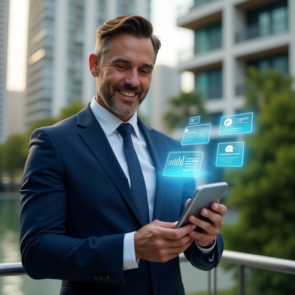 (Ultra-realistic condominium manager in a tailored navy suit, set in a modern luxury condominium environment with high-rise buildings and manicured green landscaping, holding a smartphone projecting a holographic chat interface between the manager and residents, floating message icons and notification symbols representing streamlined communication, confident and approachable expression, cinematic lighting, shallow depth of field, highly detailed textures, realistic skin, photographic realism, 8k resolution --ar 1:1 --v 6)