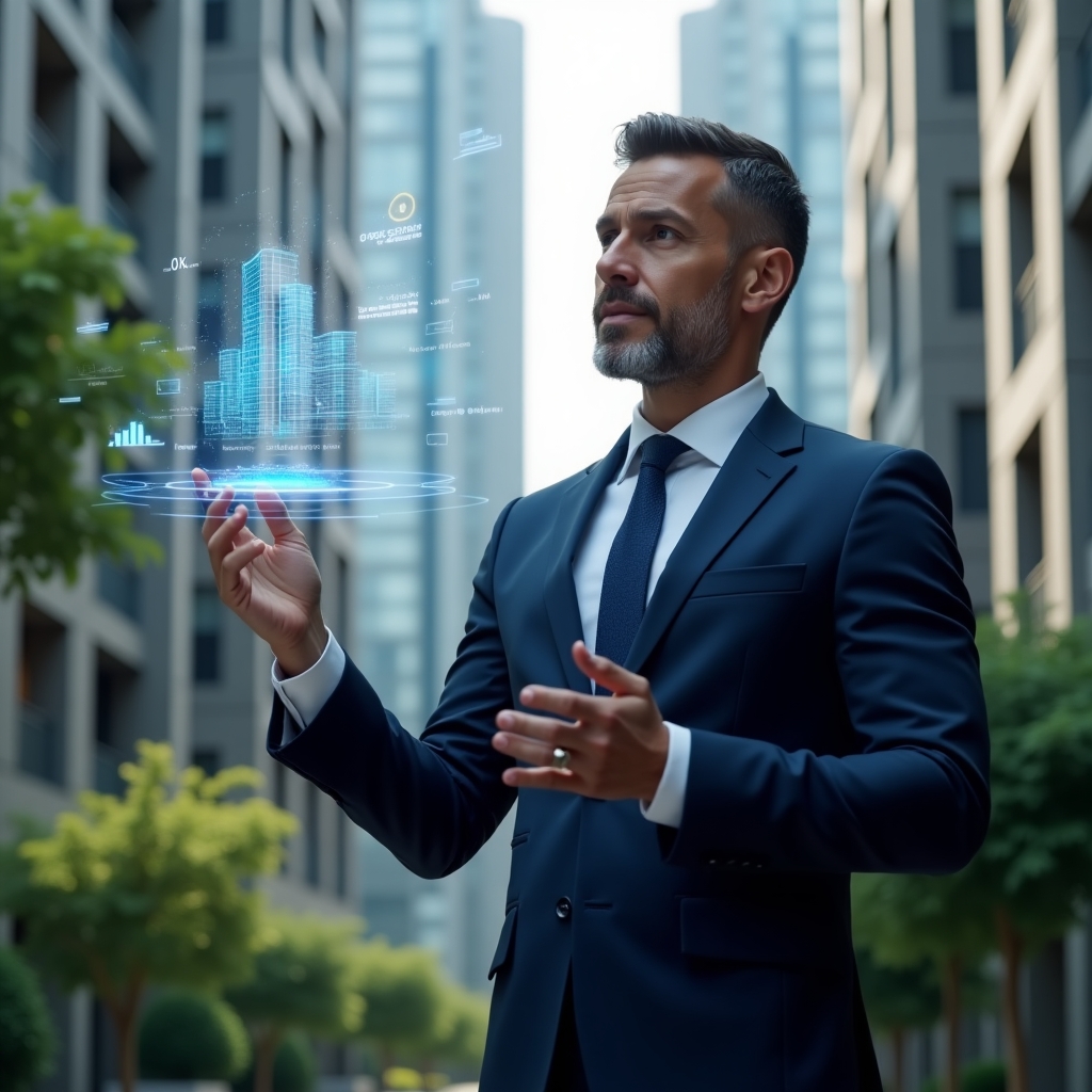 (Ultra-realistic condominium manager in a tailored navy blue suit, set in a modern luxury condominium environment with high-rise buildings and lush green landscaping, examining a floating holographic interface of building data and IoT sensor metrics with a confident, forward-looking expression, futuristic holographic icons of automation and data streams swirling around, cinematic lighting, shallow depth of field, highly detailed textures, realistic skin, photographic realism, 8k resolution --ar 1:1 --v 6)