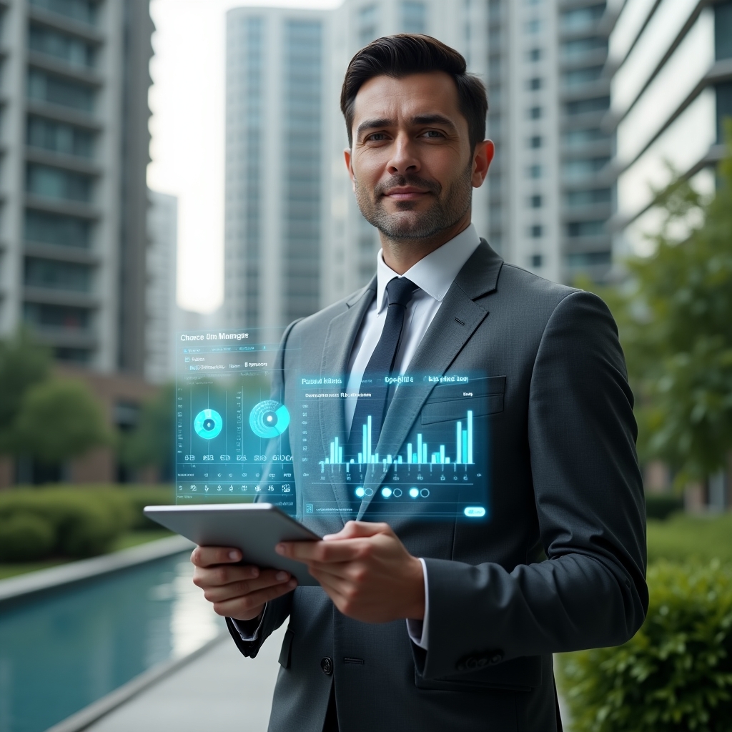 (Ultra-realistic condo manager in a charcoal gray tailored suit, set in a modern luxury condominium environment with high-rise buildings and lush green landscaping, holding a tablet displaying a holographic condominium management dashboard with financial charts, checklists and chat icons, confident analytical expression, cinematic lighting, shallow depth of field, highly detailed textures, realistic skin, photographic realism, 8k resolution --ar 1:1 --v 6)