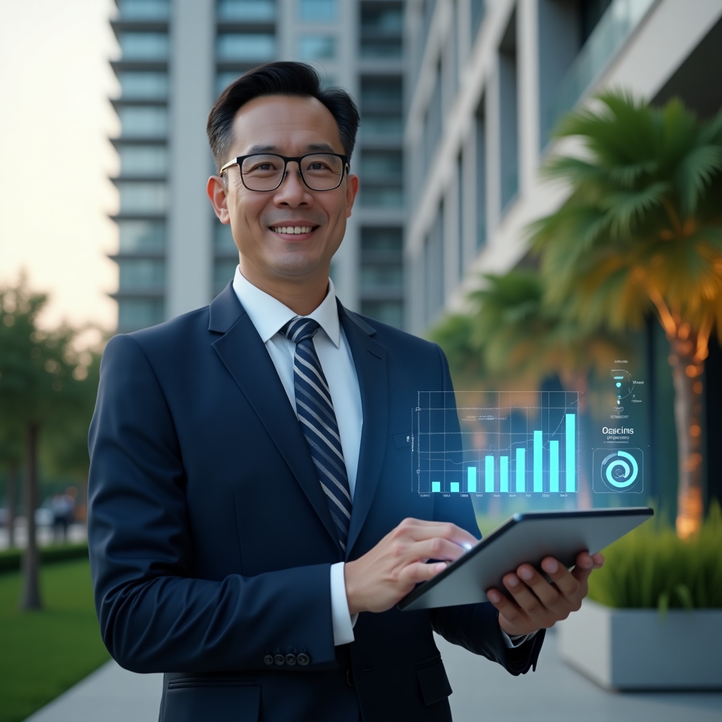 (Ultra-realistic condominium manager in a navy business suit, set in a modern luxury condominium environment with high-rise buildings and lush green landscaping, medium shot holding a tablet displaying a holographic financial chart, confident and focused expression, translucent holographic bar graphs and pie charts floating beside them, cinematic lighting, shallow depth of field, highly detailed textures, realistic skin, photographic realism, 8k resolution --ar 1:1 --v 6)