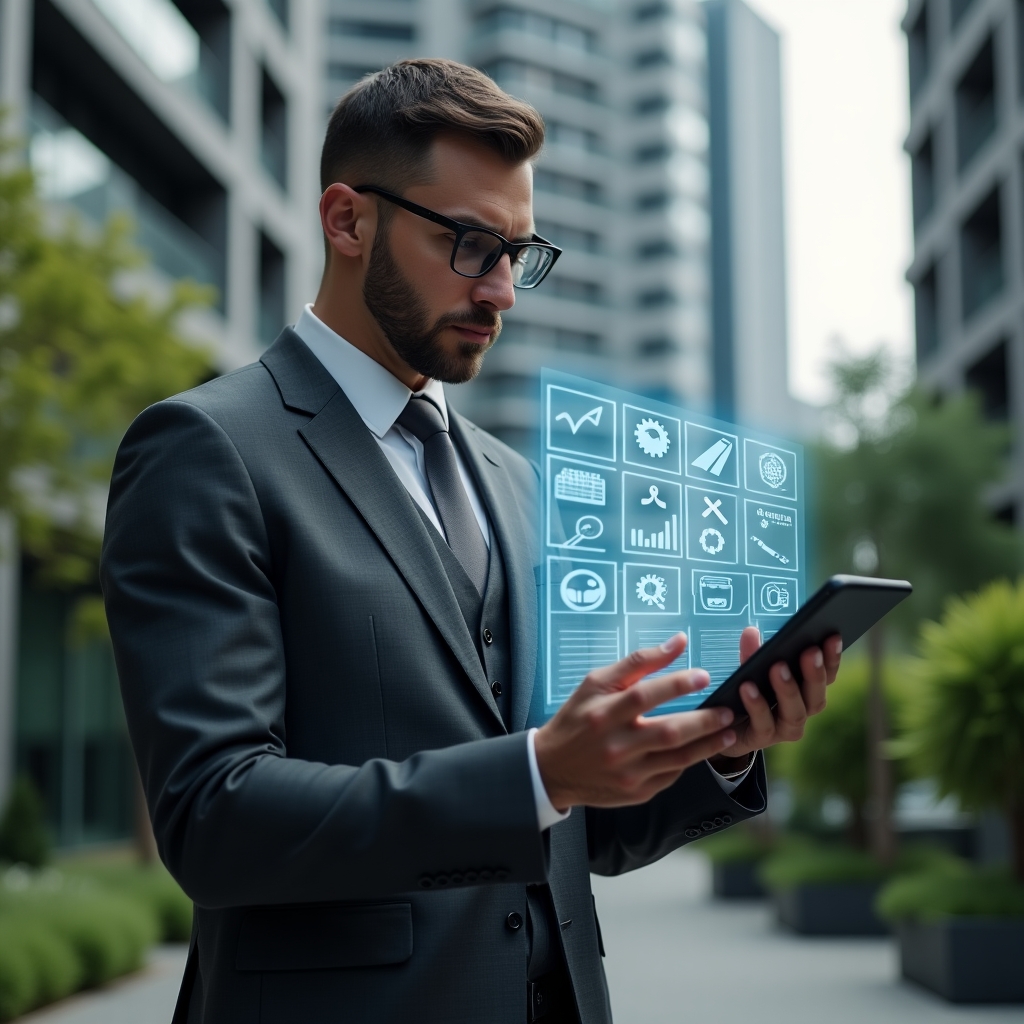 Ultra-realistic condominium manager in a dark grey tailored suit, set in a modern luxury condominium environment with high-rise buildings and green landscaping, holding and interacting with a floating holographic schedule displaying maintenance and assembly icons, calendar and gear symbols around, cinematic lighting, shallow depth of field, highly detailed textures, realistic skin, photographic realism, 8k resolution --ar 1:1 --v 6