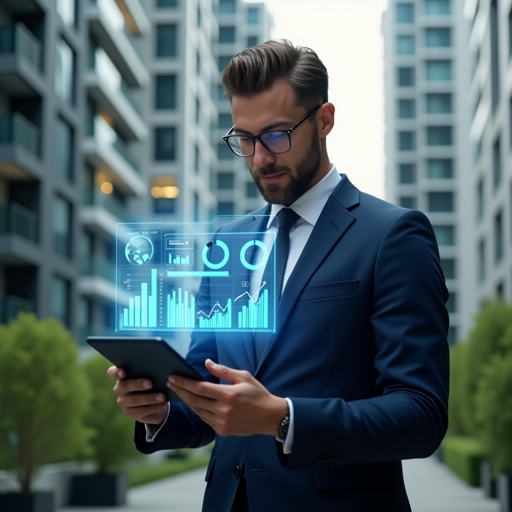 (Ultra-realistic professional condominium manager in a navy blue suit, set in a modern luxury condominium environment with high-rise buildings and green landscaping, confidently analyzing a holographic financial report and charts hovering above a tablet, symbolizing clear and transparent accounting, cinematic lighting, shallow depth of field, highly detailed textures, realistic skin, photographic realism, 8k resolution --ar 1:1 --v 6)