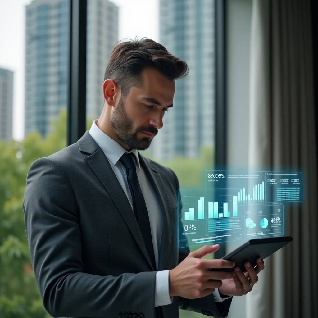 Ultra-realistic condominium manager in a charcoal gray tailored suit, set in a modern luxury condominium environment with high-rise buildings and manicured green landscaping, reviewing financial documents on a tablet with holographic balance sheets and pie-chart projections floating above the screen, confident and focused expression, cinematic lighting, shallow depth of field, highly detailed textures, realistic skin, photographic realism, 8k resolution --ar 1:1 --v 6