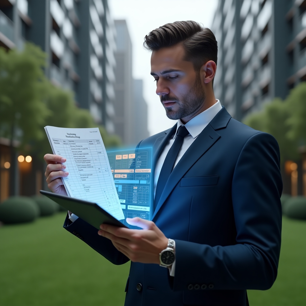 (Ultra-realistic condominium manager in a tailored navy blue suit, set in a modern luxury condominium environment with high-rise buildings and manicured green landscaping, reviewing a holographic financial ledger displaying highlighted entries and corrected errors, confident and focused expression, cinematic lighting, shallow depth of field, highly detailed textures, realistic skin, photographic realism, 8k resolution --ar 1:1 --v 6)
