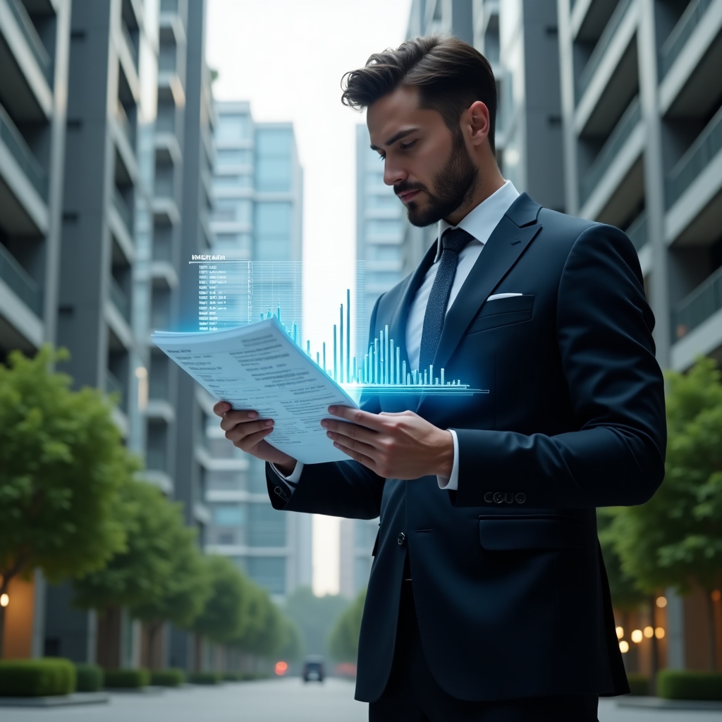 Ultra-realistic condo manager in a dark navy tailored suit, set in a modern luxury condominium environment with high-rise buildings and lush green landscaping, examining a detailed financial report and interacting with a transparent floating holographic ledger displaying charts and invoices to symbolize transparent accounting, cinematic lighting, shallow depth of field, highly detailed textures, realistic skin, photographic realism, 8k resolution --ar 1:1 --v 6