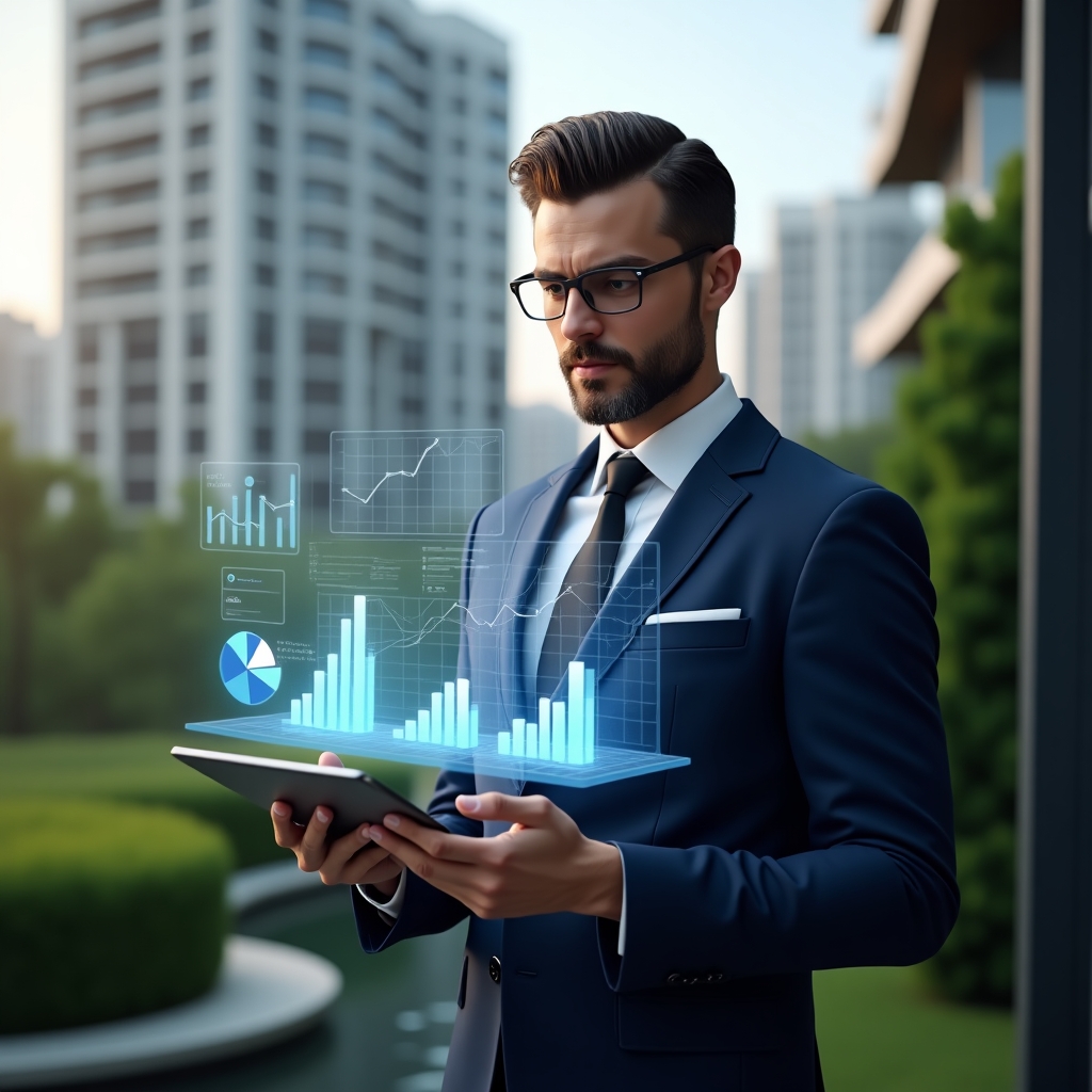 Ultra-realistic condominium manager in a sharp navy suit, set in a modern luxury condominium environment with high-rise buildings and lush green landscaping, holding a tablet displaying transparent holographic financial charts, confidently analyzing condominium accounts with intricate bar graphs and pie charts floating in mid-air, cinematic lighting, shallow depth of field, highly detailed textures, realistic skin, photographic realism, 8k resolution --ar 1:1 --v 6