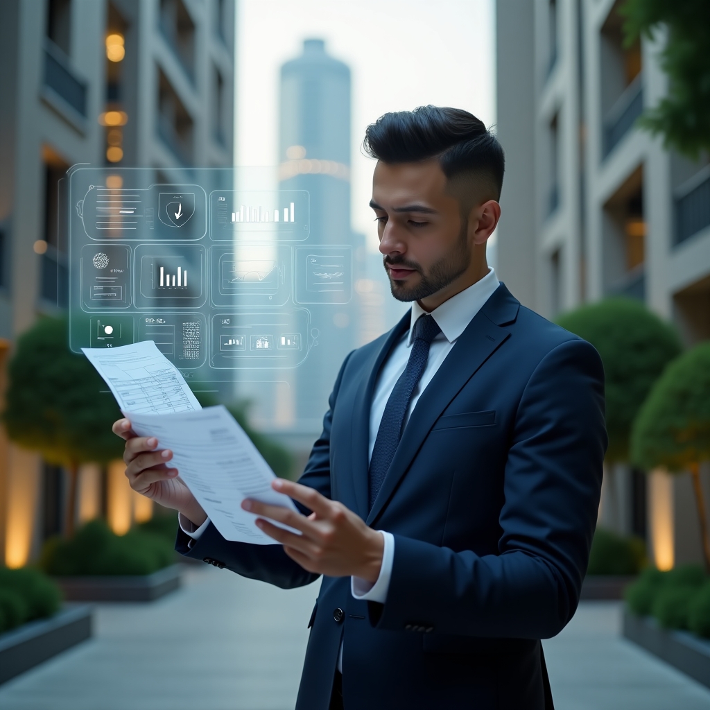 Ultra-realistic condominium manager in a navy suit, set in a modern luxury condominium environment with high-rise buildings and lush green landscaping, mid shot of a thoughtful professional reviewing printed financial statements while pointing at a holographic dashboard of charts and icons representing transparency and accountability, cinematic lighting, shallow depth of field, highly detailed textures, realistic skin, photographic realism, 8k resolution --ar 1:1 --v 6