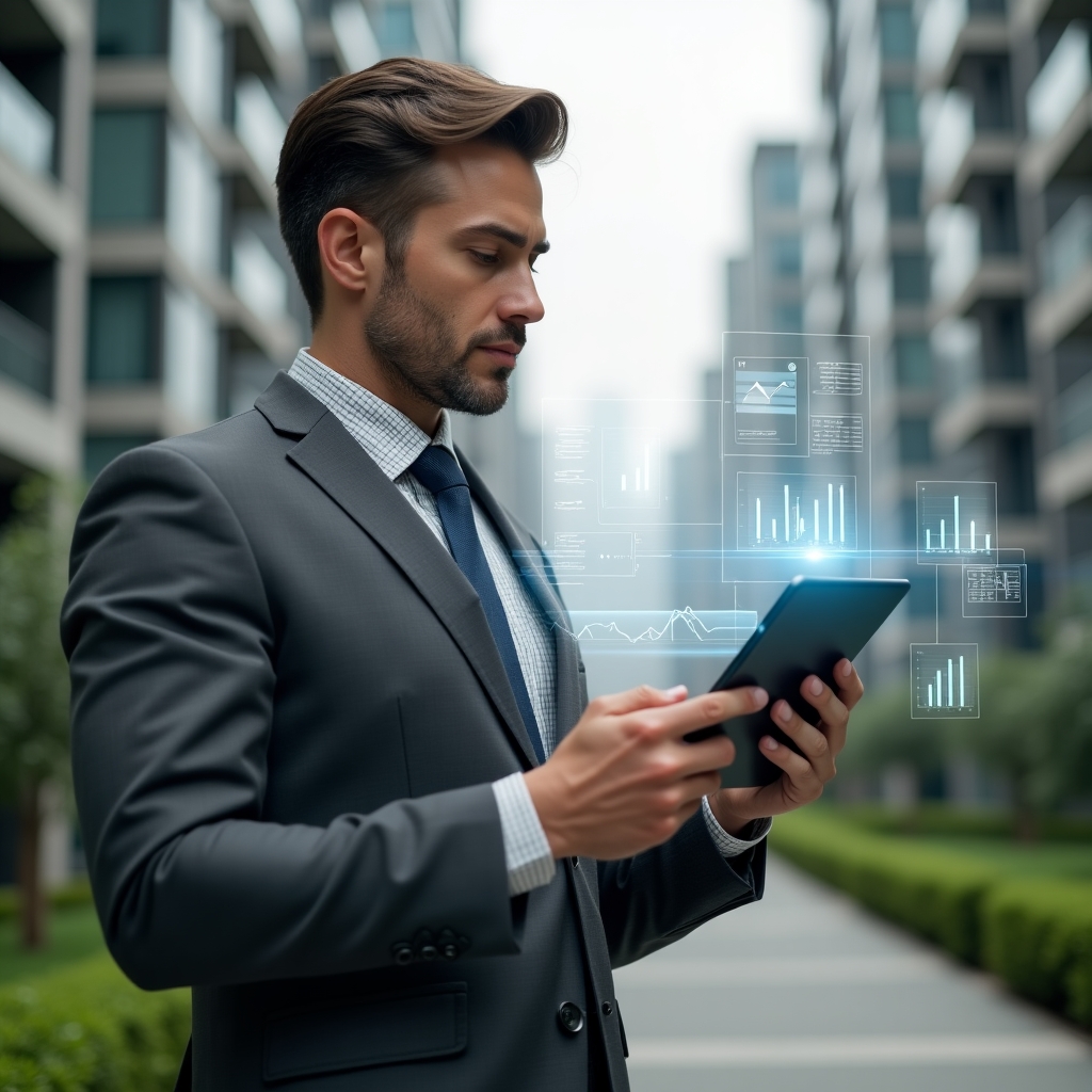 Ultra-realistic condominium manager in a charcoal grey tailored suit, set in a modern luxury condominium environment with high-rise buildings and manicured green landscaping, holding a digital tablet displaying clear financial reports and pointing to floating holographic charts, surrounded by transparent document icons symbolizing accountability, confident expression, cinematic lighting, shallow depth of field, highly detailed textures, realistic skin, photographic realism, 8k resolution --ar 1:1 --v 6