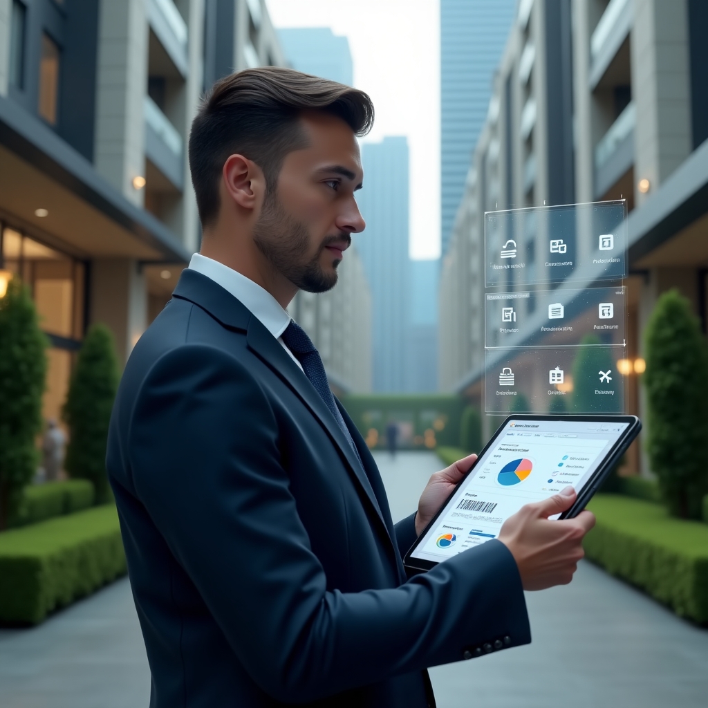 (Ultra-realistic condominium manager in a navy suit, set in a modern luxury condominium environment with high-rise buildings and manicured green landscaping, medium shot of a professional reviewing a tablet displaying holographic financial reports and document icons, focused and confident expression, floating charts and digital ledger symbols around them, cinematic lighting, shallow depth of field, highly detailed textures, realistic skin, photographic realism, 8k resolution --ar 1:1 --v 6)