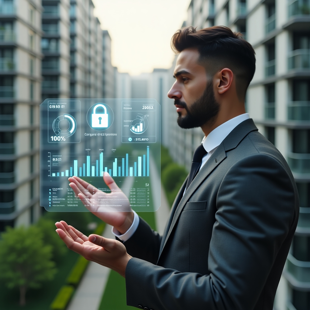 Ultra-realistic condominium manager in a charcoal gray tailored suit, set in a modern luxury condominium environment with high-rise buildings and meticulously landscaped green areas, confidently interacting with a floating holographic financial dashboard displaying pie charts, line graphs and secure padlock icons symbolizing transparency, cinematic lighting, shallow depth of field, highly detailed textures, realistic skin, photographic realism, 8k resolution --ar 1:1 --v 6