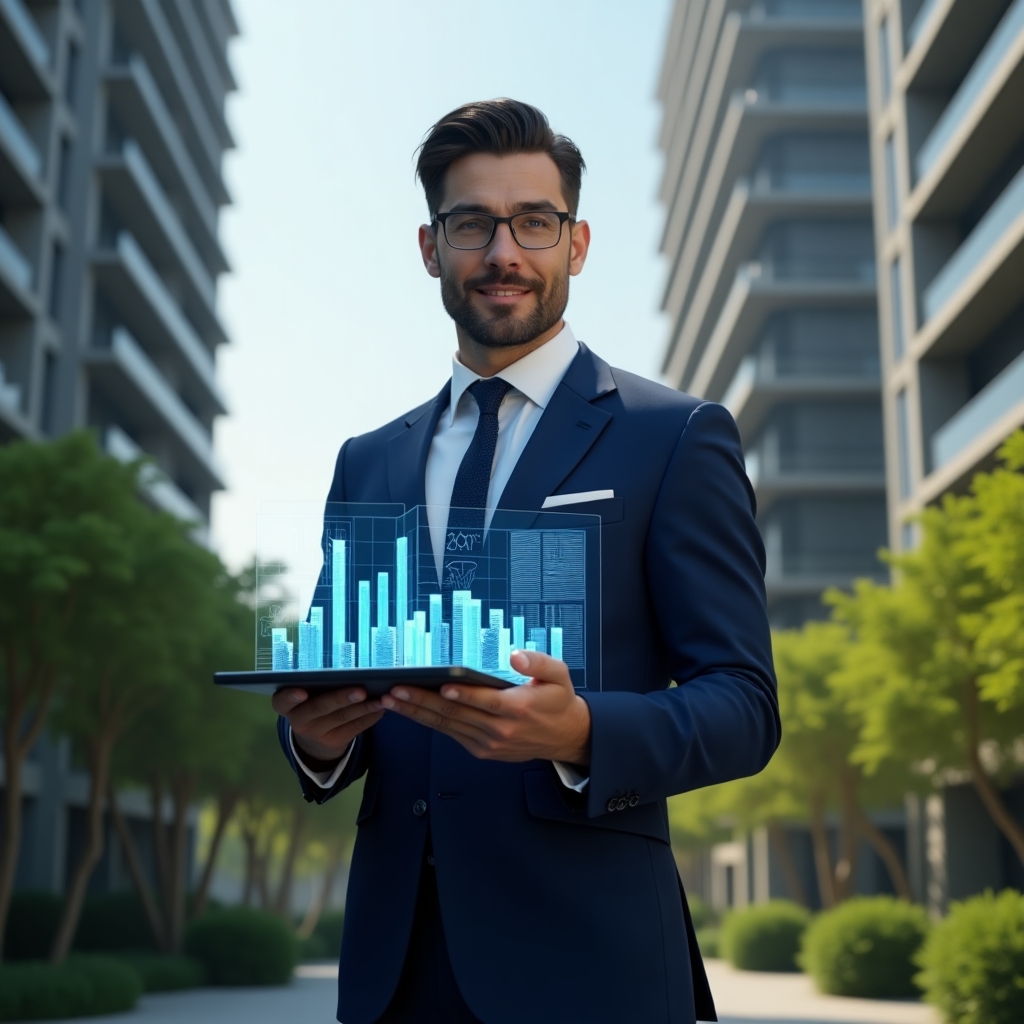 Ultra-realistic condominium manager in an elegant navy-blue suit, set in a modern luxury condominium environment with high-rise buildings and lush green landscaping, medium shot of a confident property manager presenting a transparent tablet with holographic financial charts and accounting icons symbolizing transparent accounts, cinematic lighting, shallow depth of field, highly detailed textures, realistic skin, photographic realism, 8k resolution --ar 1:1 --v 6