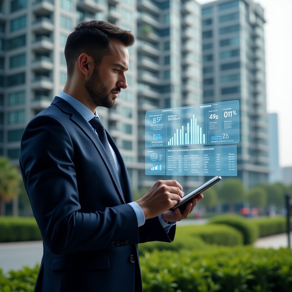Ultra-realistic condominium manager in a tailored navy blue suit, set in a modern luxury condominium environment with high-rise buildings and well-manicured green landscaping, holding a tablet and analyzing a holographic transparent financial dashboard with floating charts and ledger icons, confident and focused expression, cinematic lighting, shallow depth of field, highly detailed textures, realistic skin, photographic realism, 8k resolution --ar 1:1 --v 6