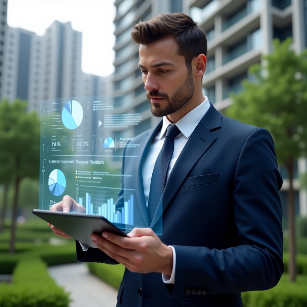 (Ultra-realistic condominium manager in an elegant navy blue suit, set in a modern luxury condominium environment with high-rise buildings and lush green landscaping, reviewing a holographic financial report with floating pie charts and bar graphs symbolizing transparent accounting, confident and focused expression, cinematic lighting, shallow depth of field, highly detailed textures, realistic skin, photographic realism, 8k resolution --ar 1:1 --v 6)