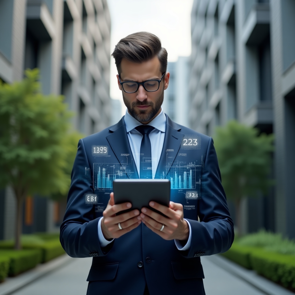(Ultra-realistic condominium manager in a navy blue tailored suit, set in a modern luxury condominium environment with high-rise buildings and well-manicured green landscaping, mid-shot close-up reviewing financial data on a tablet with floating holographic charts and icons representing transparent accounting, confident and focused expression, cinematic lighting, shallow depth of field, highly detailed textures, realistic skin, photographic realism, 8k resolution --ar 1:1 --v 6)