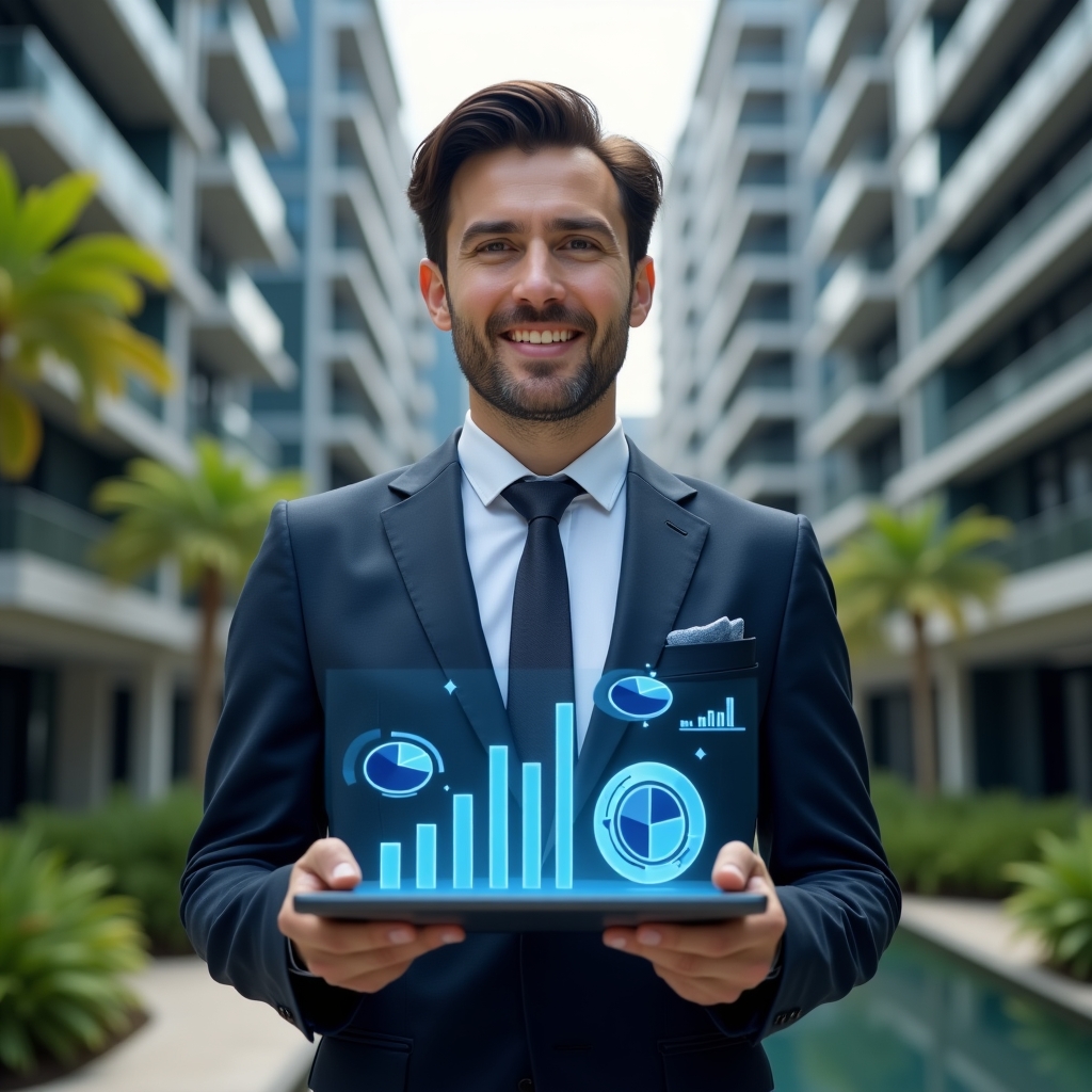 Ultra-realistic condominium manager in a tailored navy blue suit, set in a modern luxury condominium environment with high-rise buildings and green landscaping, confidently presenting a transparent holographic financial dashboard on a tablet with floating bar charts and pie graphs symbolizing clear accounting and trust, cinematic lighting, shallow depth of field, highly detailed textures, realistic skin, photographic realism, 8k resolution --ar 1:1 --v 6