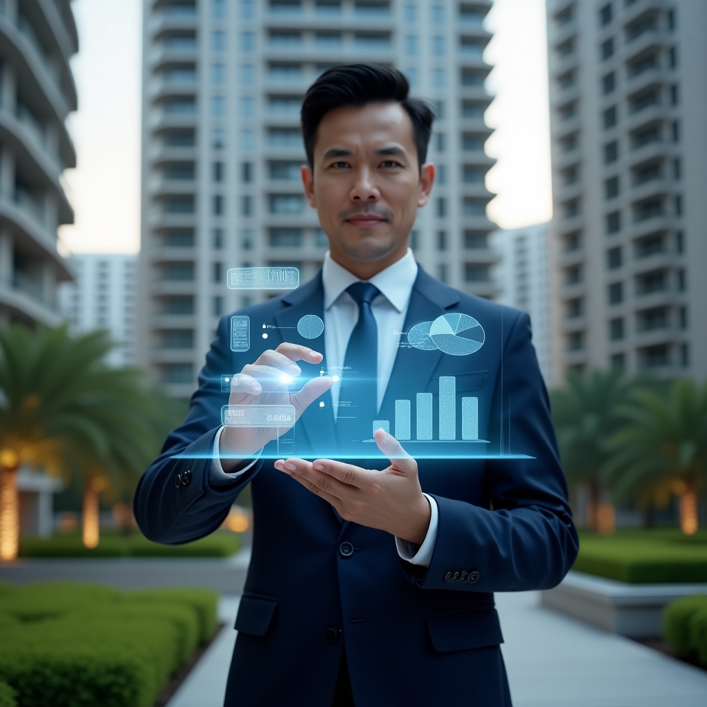 (Ultra-realistic condominium manager in a tailored navy blue suit, set in a modern luxury condominium environment with high-rise buildings and manicured green landscaping, holding a transparent holographic financial report and pointing at glowing charts to showcase clear accounting practices, floating 3D pie charts and bar graphs symbolizing transparency, cinematic lighting, shallow depth of field, highly detailed textures, realistic skin, photographic realism, 8k resolution --ar 1:1 --v 6)
