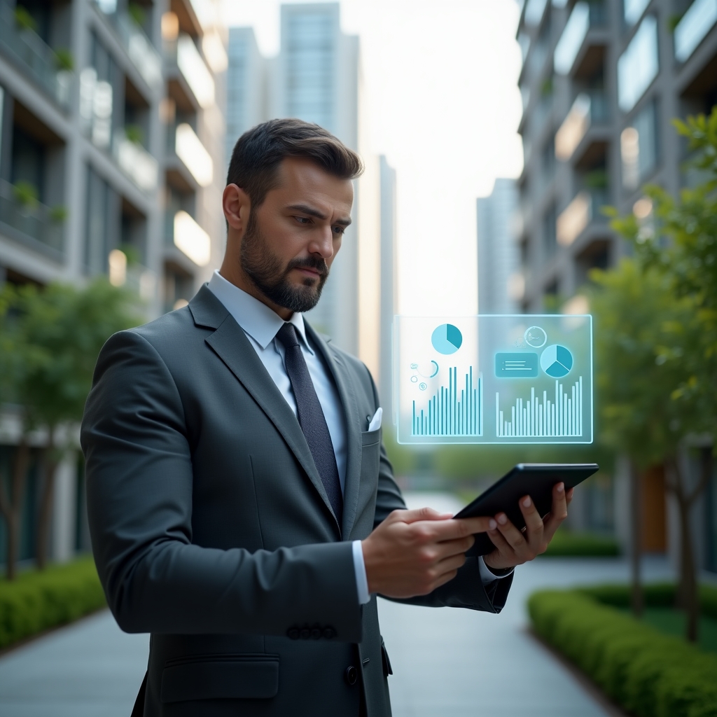 Ultra-realistic condominium manager in a charcoal gray suit, set in a modern luxury condominium environment with high-rise buildings and manicured green gardens, with a confident expression, interacting with a transparent holographic financial dashboard floating above a digital tablet displaying pie charts and bar graphs symbolizing transparent accounting, cinematic lighting, shallow depth of field, highly detailed textures, realistic skin, photographic realism, 8k resolution --ar 1:1 --v 6