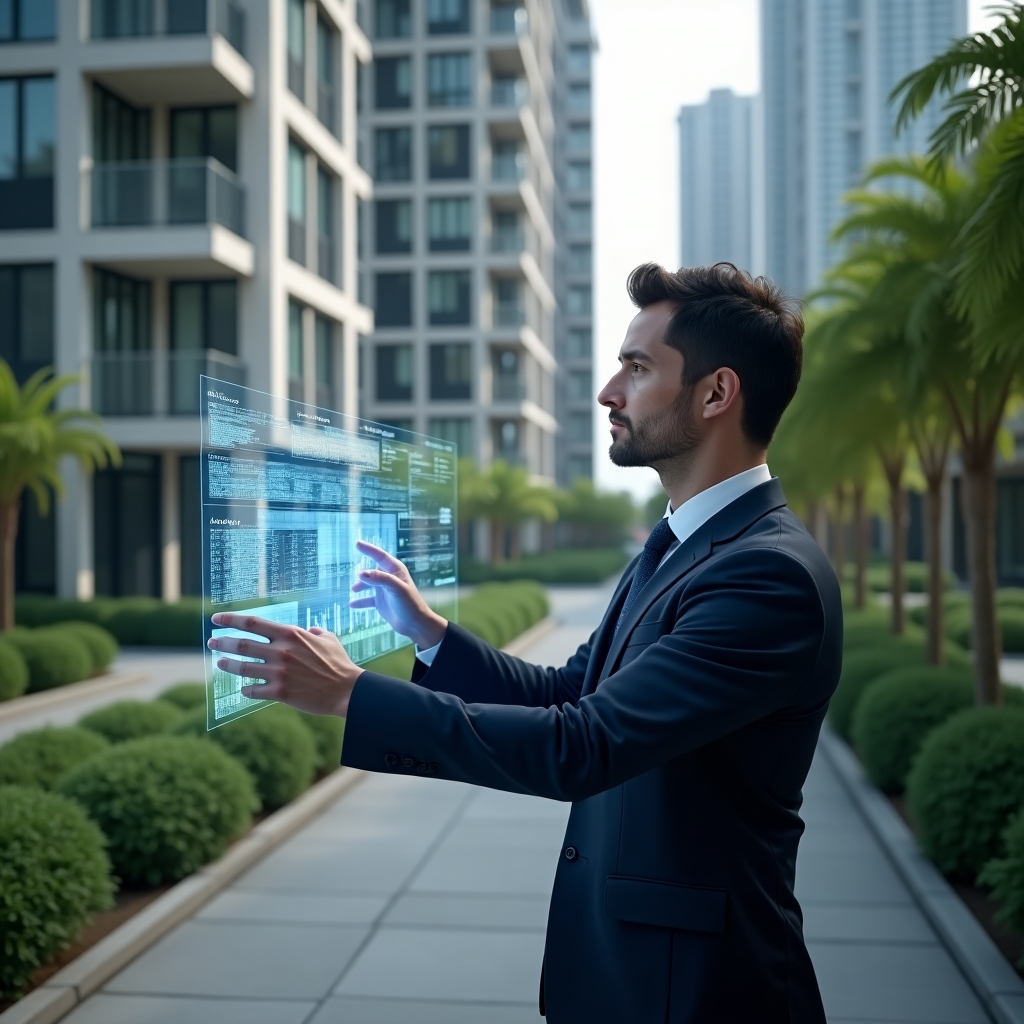Ultra-realistic condominium manager in a tailored navy suit, set in a modern luxury condominium environment with high-rise buildings and lush green landscaping, reviewing transparent financial reports on a holographic screen with floating charts, confident expression, cinematic lighting, shallow depth of field, highly detailed textures, realistic skin, photographic realism, 8k resolution --ar 1:1 --v 6