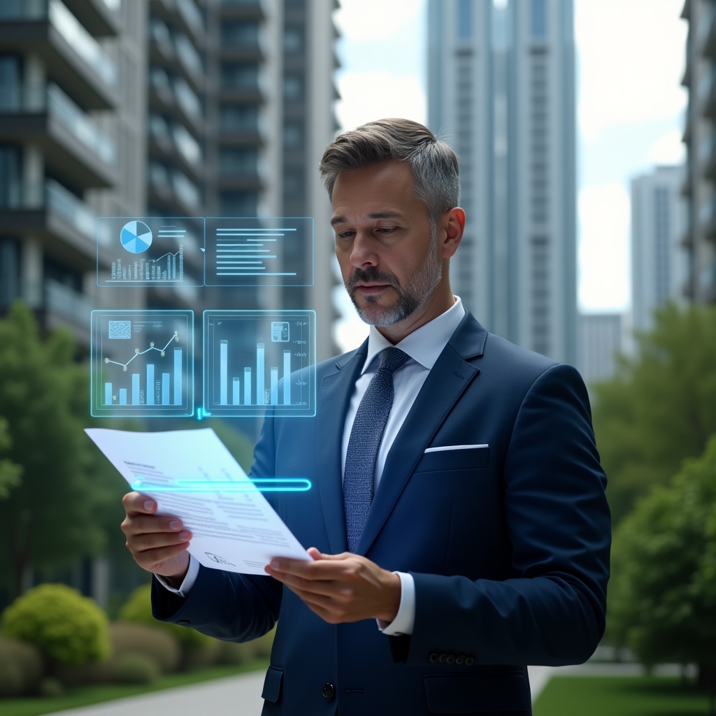 (Ultra-realistic condominium manager in a navy blue tailored suit, set in a modern luxury condominium environment with high-rise buildings and lush green landscaping, reviewing holographic transparent financial reports with a confident expression, floating pie charts and bar graphs symbolizing transparency and trust, cinematic lighting, shallow depth of field, highly detailed textures, realistic skin, photographic realism, 8k resolution --ar 1:1 --v 6)