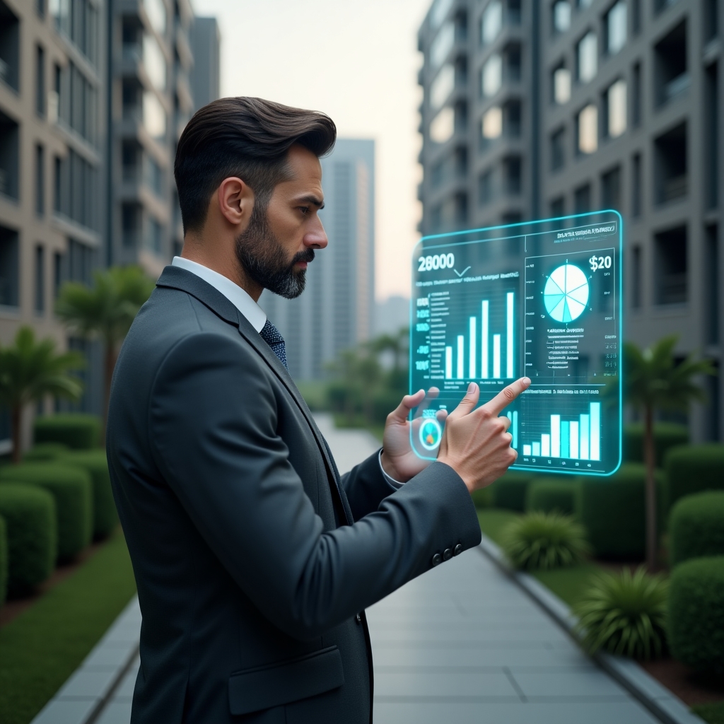 Ultra-realistic property manager in a charcoal gray suit, set in a modern luxury condominium environment with high-rise buildings and manicured green landscaping, examining holographic financial charts and pointing at a transparent ledger display, glowing icons of pie charts and currency symbols floating around, confident and thoughtful expression, cinematic lighting, shallow depth of field, highly detailed textures, realistic skin, photographic realism, 8k resolution --ar 1:1 --v 6