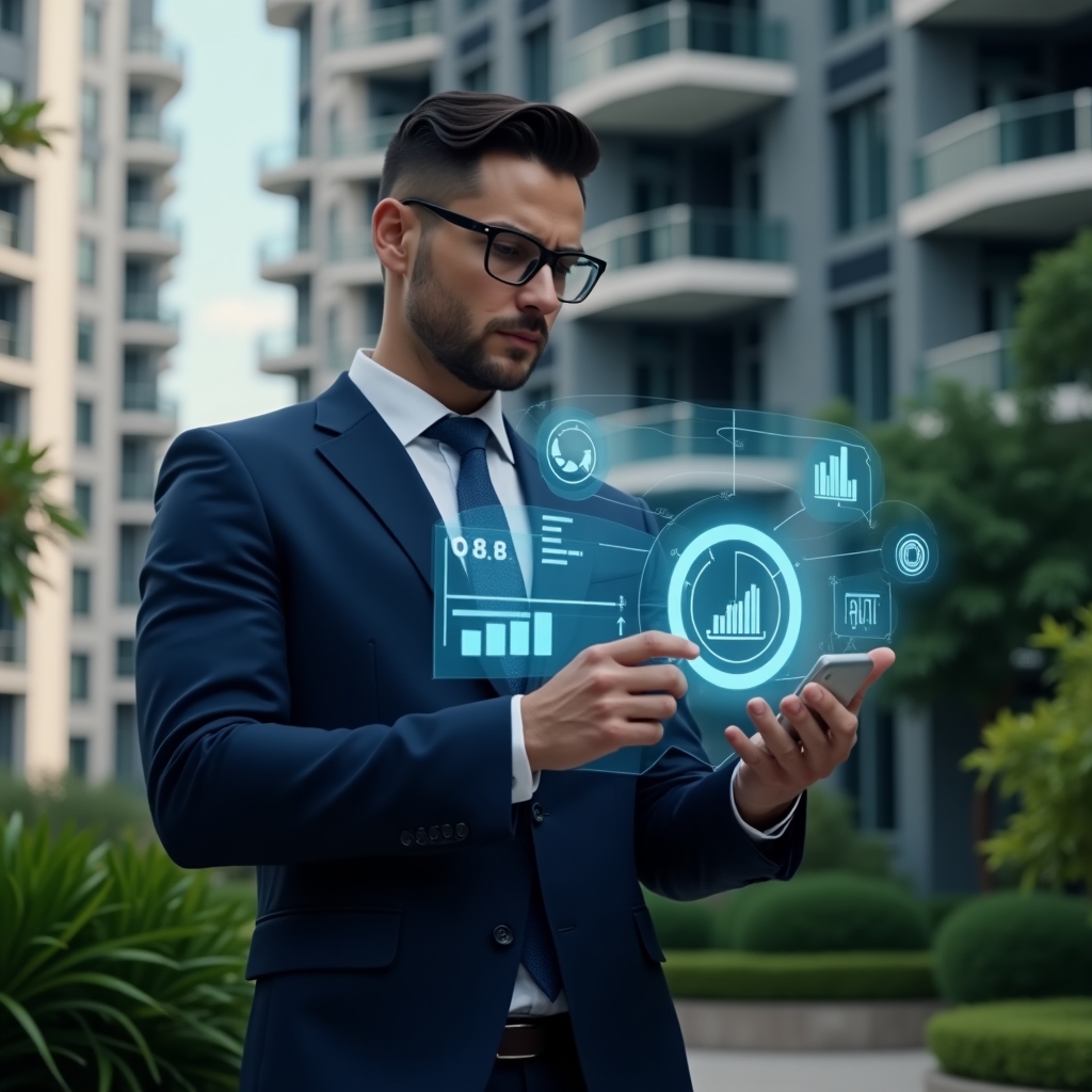 Ultra-realistic condominium manager wearing a navy blue suit, set in a modern luxury condominium environment with high-rise buildings and lush green landscaping in the background, medium shot of a confident professional examining a transparent holographic financial report with illuminated pie charts and bar graphs symbolizing clear accounting, cinematic lighting, shallow depth of field, highly detailed textures, realistic skin, photographic realism, 8k resolution --ar 1:1 --v 6