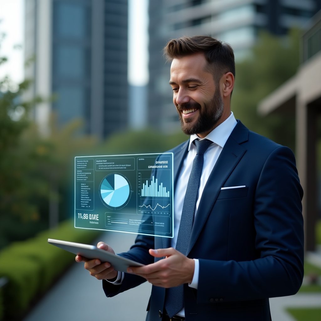 Ultra-realistic condominium manager in a navy blue suit, set in a modern luxury condominium environment with high-rise buildings and manicured green landscaping, reviewing a holographic financial dashboard with transparent pie charts and bar graphs floating above a sleek tablet, conveying trust and clarity with a confident smile, cinematic lighting, shallow depth of field, highly detailed textures, realistic skin, photographic realism, 8k resolution --ar 1:1 --v 6