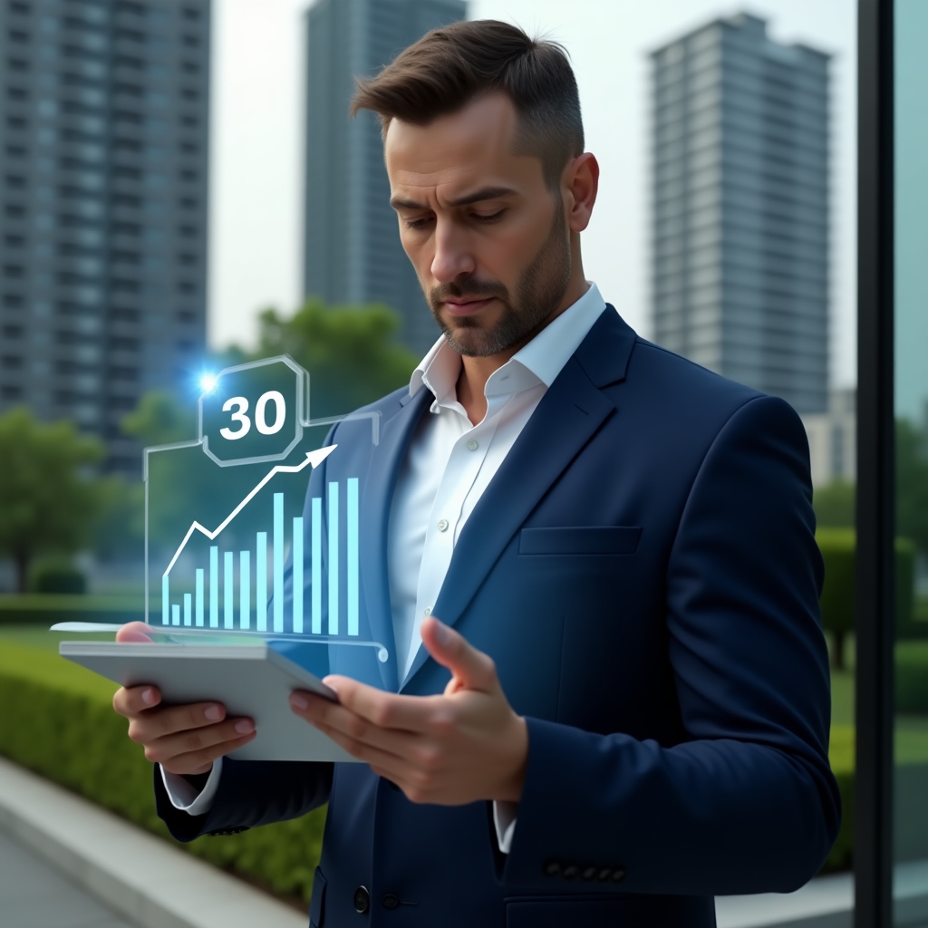 Ultra-realistic condominium manager in a navy-blue suit with a crisp white shirt, set in a modern luxury condominium environment with high-rise buildings and green landscaping, reviewing a transparent holographic tablet displaying downward-trending expense reduction charts, looking confident and focused, floating holographic bar graphs and a glowing 30% emblem, cinematic lighting, shallow depth of field, highly detailed textures, realistic skin, photographic realism, 8k resolution --ar 1:1 --v 6