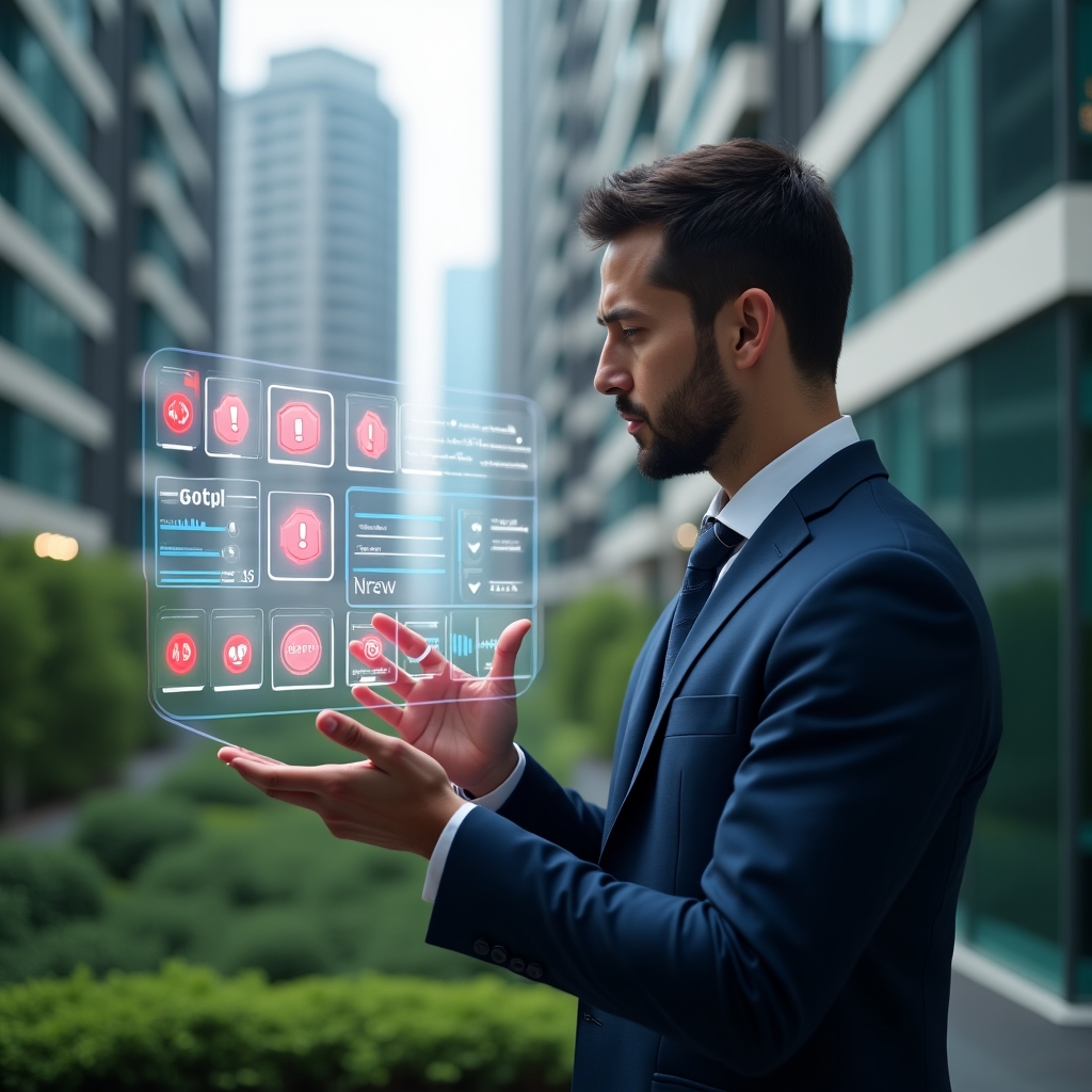 Ultra-realistic medium shot of a professional condominium manager in a navy blue suit, set in a modern luxury condominium environment with high-rise buildings and lush green landscaping, inspecting a floating holographic dashboard displaying seven red warning icons and checklist items while thoughtfully touching the interface, holographic icons of exclamation marks and checkboxes orbiting around, cinematic lighting, shallow depth of field, highly detailed textures, realistic skin, photographic realism, 8k resolution --ar 1:1 --v 6