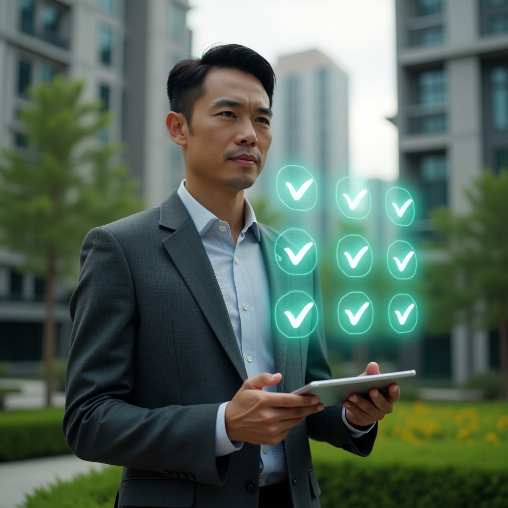 Ultra-realistic condominium manager in a charcoal gray tailored suit, set in a modern luxury condominium environment with high-rise buildings and manicured green gardens, leaning slightly forward and holding a tablet projecting holographic icons of seven warning symbols transforming into green check marks, conveys confidence and focus, cinematic lighting, shallow depth of field, highly detailed textures, realistic skin, photographic realism, 8k resolution --ar 1:1 --v 6