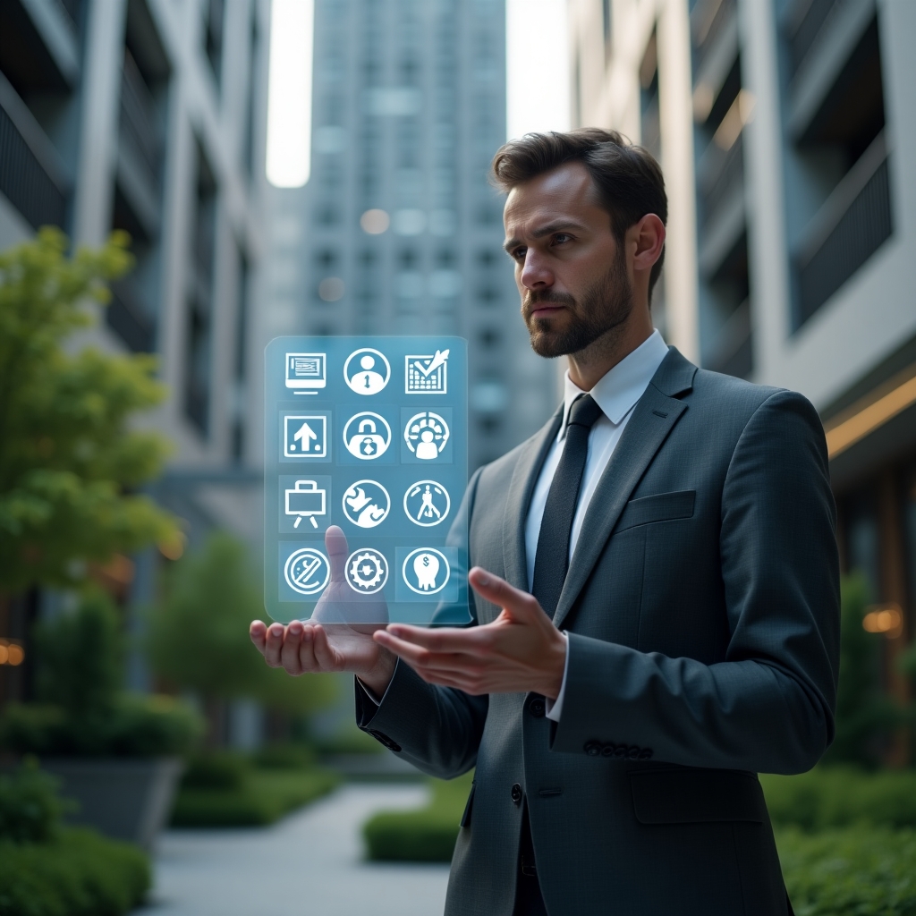 (Ultra-realistic condominium manager in a charcoal gray tailored suit, set in a modern luxury condominium environment with high-rise buildings and lush green landscaping, medium close-up of a thoughtful manager holding and analyzing a holographic checklist of seven glowing icons representing communication, finance, security, maintenance, transparency, resident satisfaction, and automation, cinematic lighting, shallow depth of field, highly detailed textures, realistic skin, photographic realism, 8k resolution --ar 1:1 --v 6)
