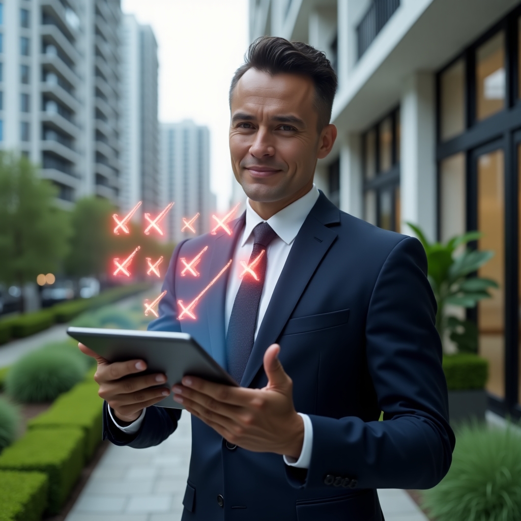 (Ultra-realistic condominium manager in a dark navy tailored suit, set in a modern luxury condominium environment with high-rise buildings and lush green landscaping, holding a digital tablet displaying holographic icons of a checklist with seven red X marks representing managerial pitfalls, confident and determined expression, cinematic lighting, shallow depth of field, highly detailed textures, realistic skin, photographic realism, 8k resolution --ar 1:1 --v 6)
