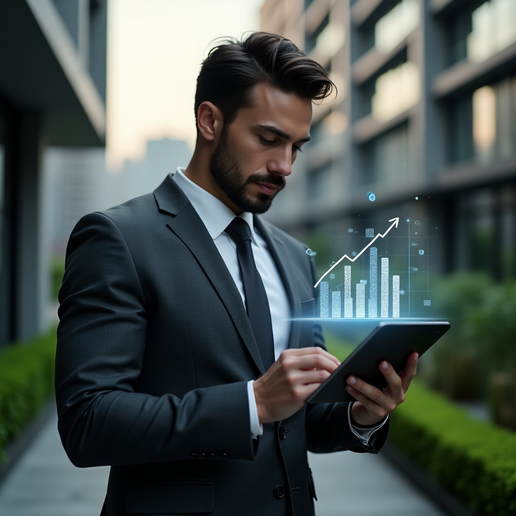 (Ultra-realistic condominium manager in a charcoal gray tailored suit, set in a modern luxury condominium environment with high-rise buildings and manicured green landscaping, examining a tablet projecting a holographic pie chart, descending bar graph and coin icons symbolizing cost reduction, confident and focused expression, cinematic lighting, shallow depth of field, highly detailed textures, realistic skin, photographic realism, 8k resolution --ar 1:1 --v 6)