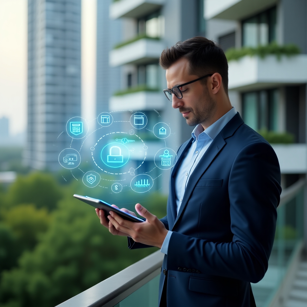 (Ultra-realistic condominium manager in a navy executive suit, set in a modern luxury condominium environment with high-rise buildings and manicured green landscaping, holding a tablet with holographic management icons, confidently analyzing a floating digital dashboard featuring calendar slots, financial charts and security lock symbols, cinematic lighting, shallow depth of field, highly detailed textures, realistic skin, photographic realism, 8k resolution --ar 1:1 --v 6)